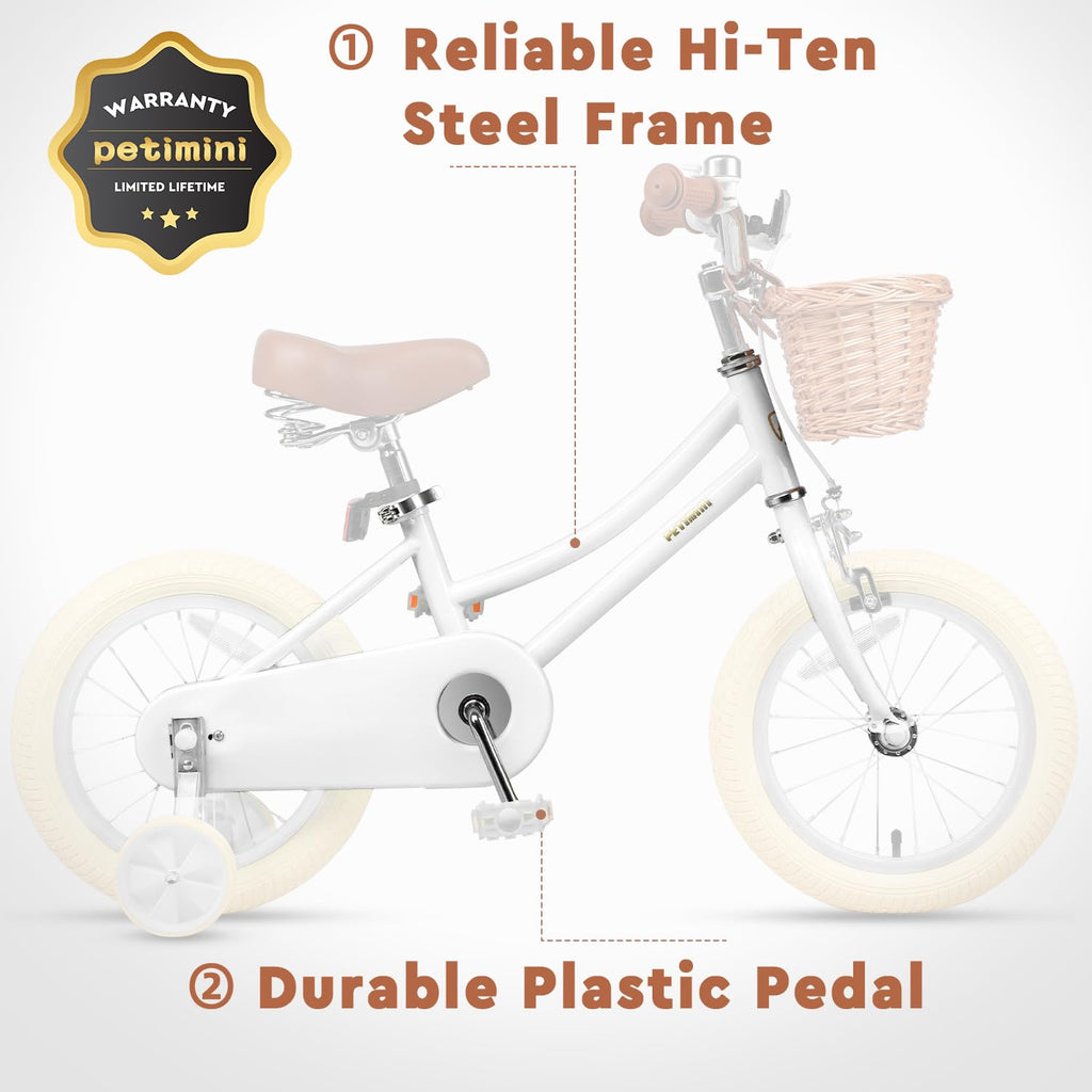 Petimini 16 Inch Little Kids Bike for Age 4 5 6 7 Years Old Girls Retro Vintage Style Bicycles with Basket Training Wheels and B