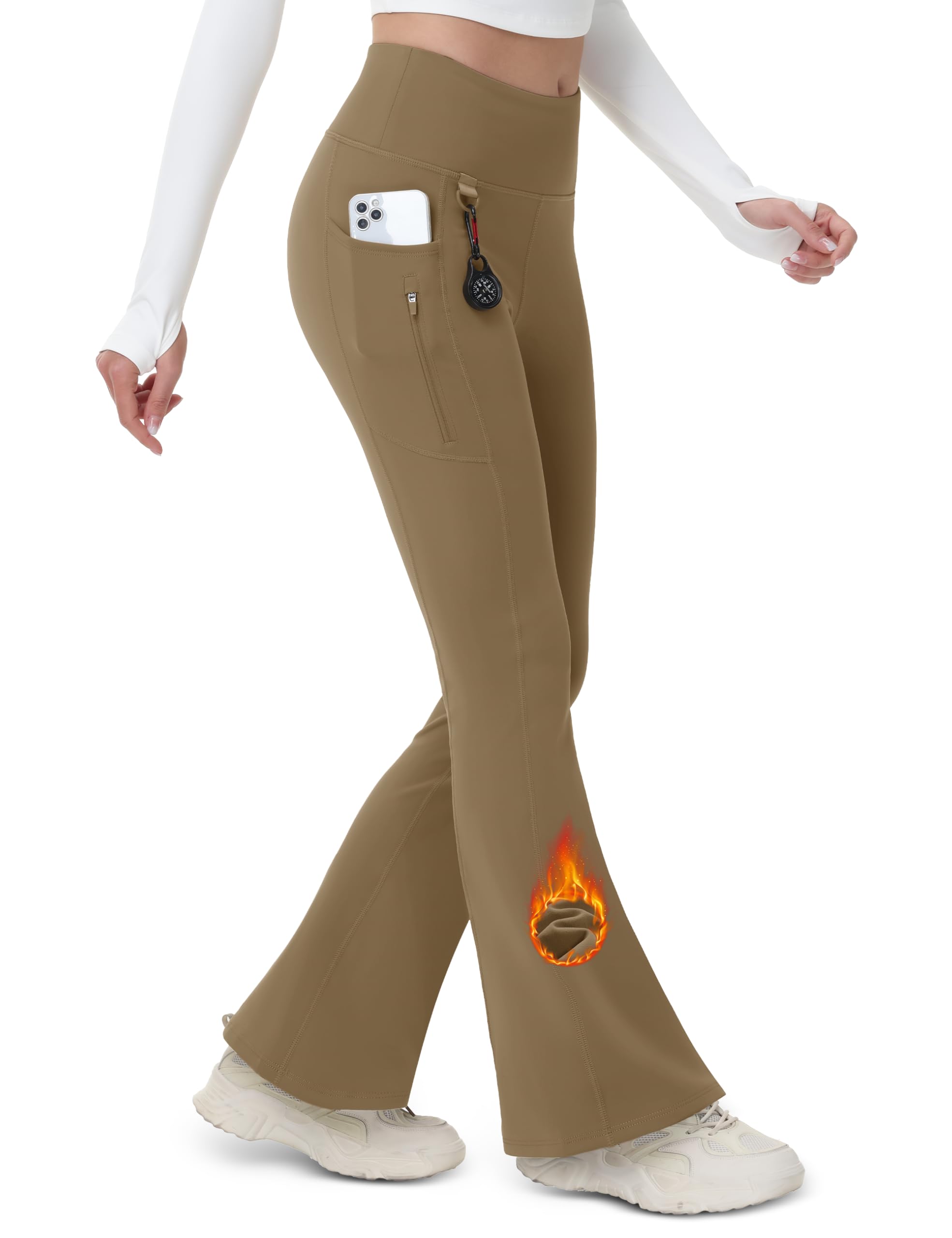 MAGCOMSEN Waterproof Pants Women Insualted Fleece Lined Leggings Thick Cold Weather Bootcut with Pockets Yoga Brown S