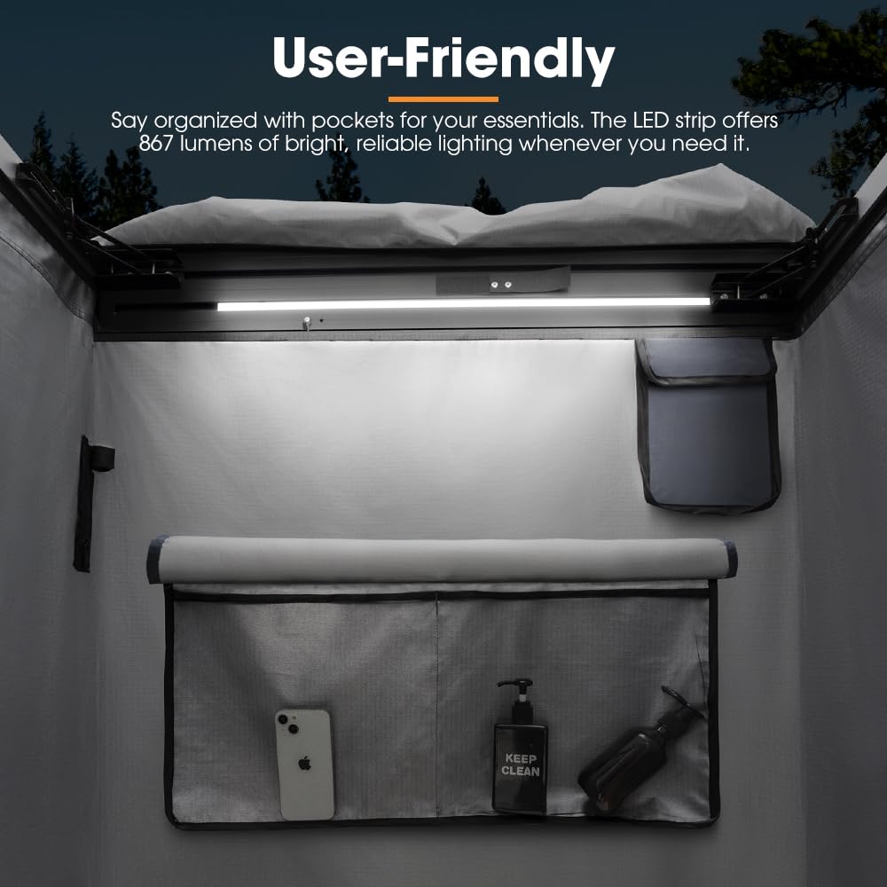 Sanhima Awning Shower Tent With 90 Swning Arm - Car Side Shower Room W/Led Light, Camping Waterproof Portable Privacy Shelter Ba