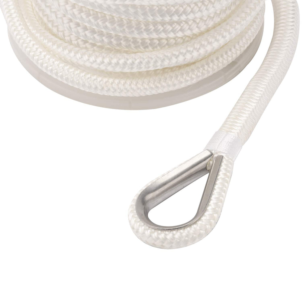 Novelbee 3/8 Inch X 200 Feet Double Braid Nylon Anchor Line With Stainless Steel Thimble And Plastic Chuck (White)