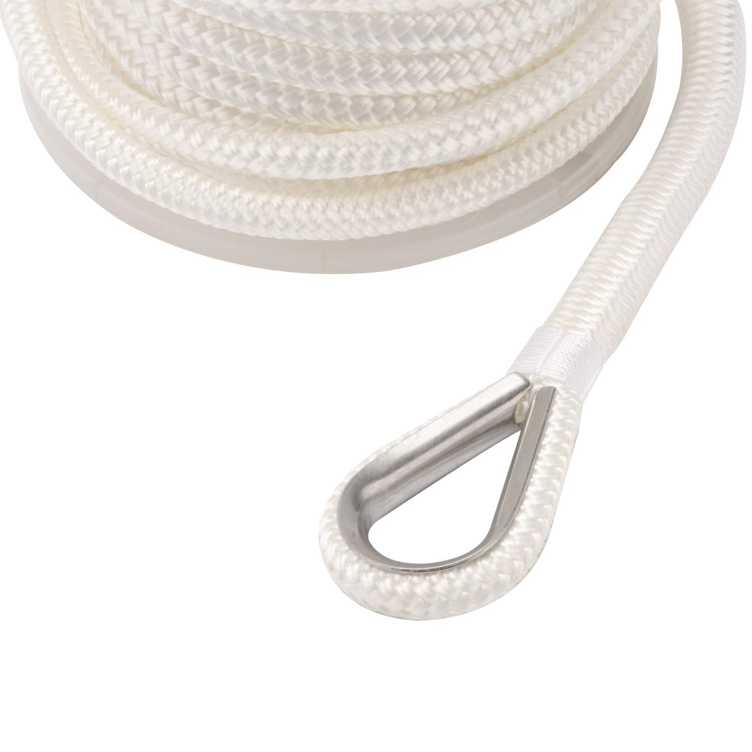 Novelbee 3/8 Inch X 200 Feet Double Braid Nylon Anchor Line With Stainless Steel Thimble And Plastic Chuck (White)