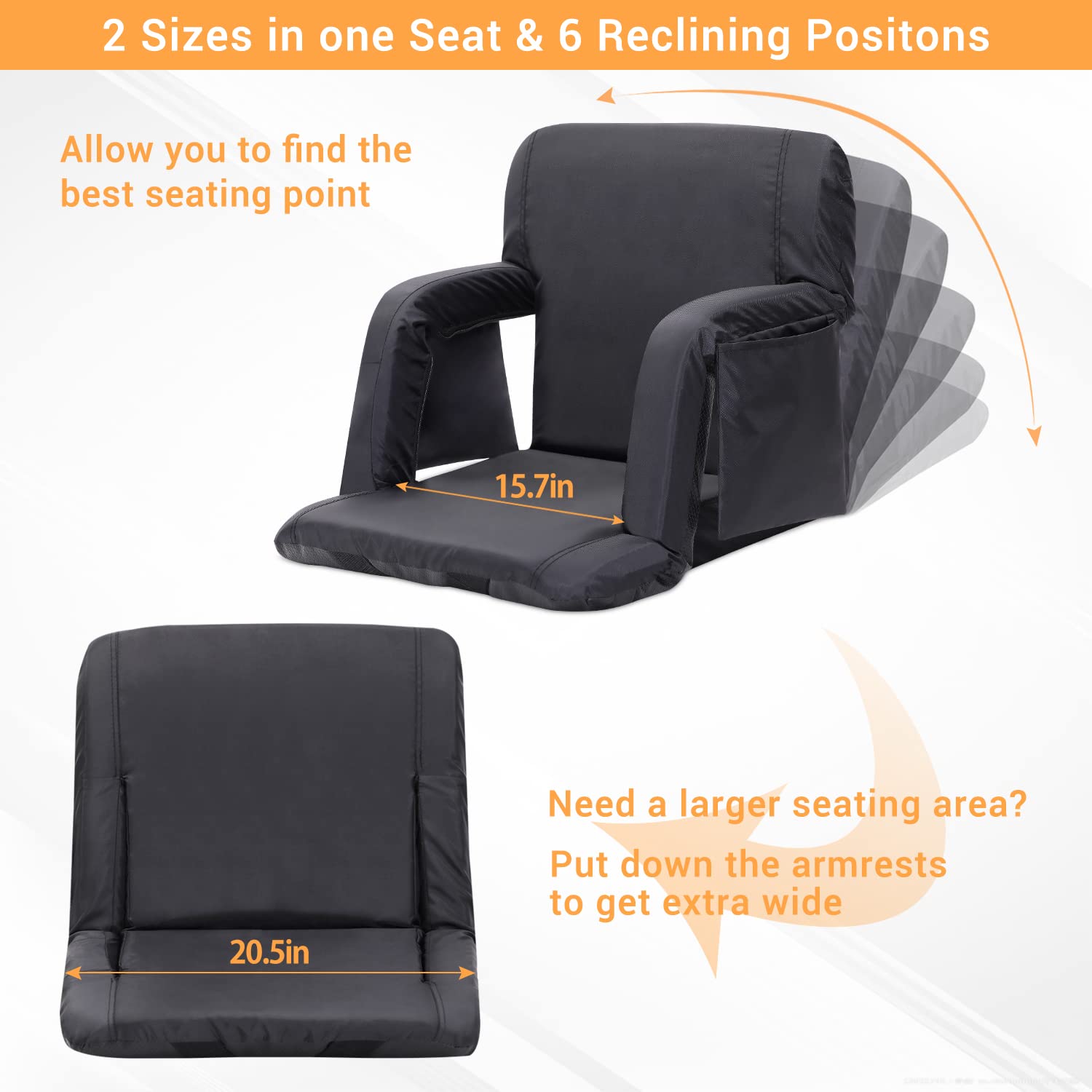 Sportneer Stadium Seats with Back Support: 2.5 Thick Comfy Cushion 6 Adjustable Angle Bleacher Seat with Armrest - 2 Large Poc