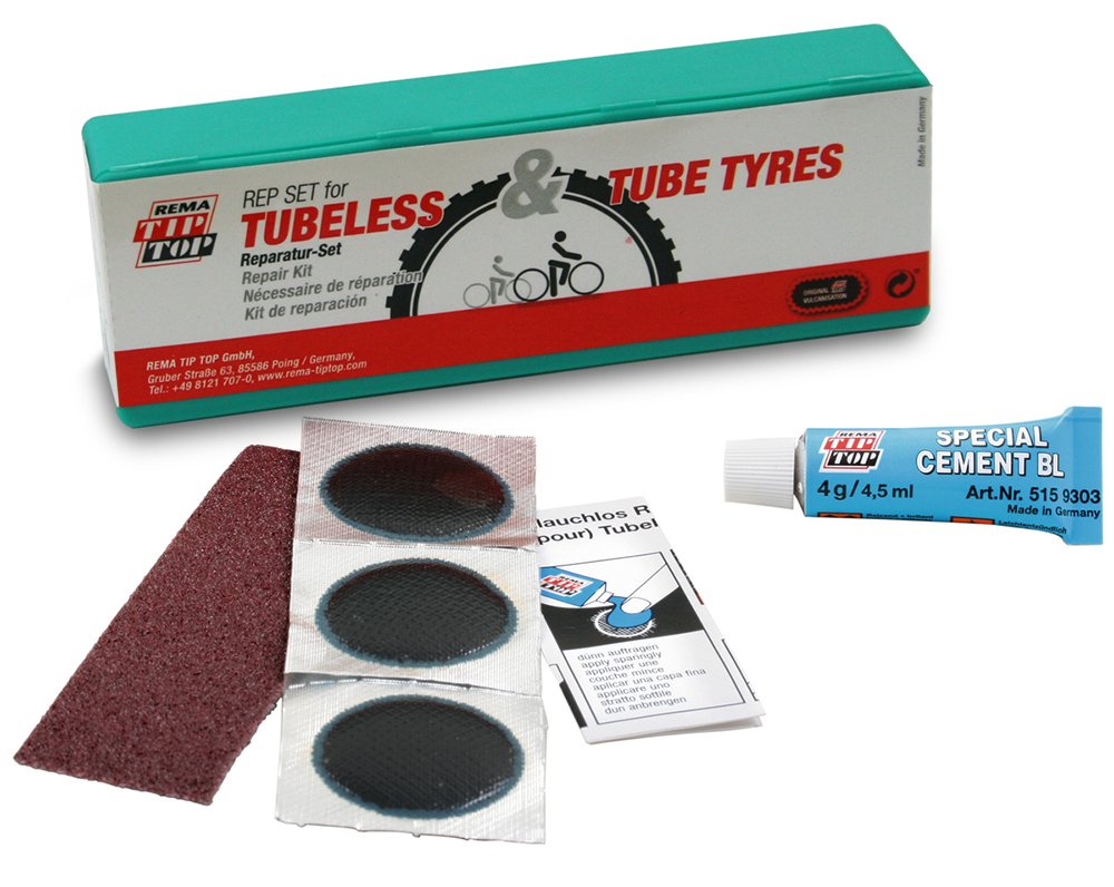 Rema Tubeless Tire Repair Kit, Schrader Valve, 5 Kits per Bag, 30mm Patches, CFC-Free Cement, 29 Inch MTB