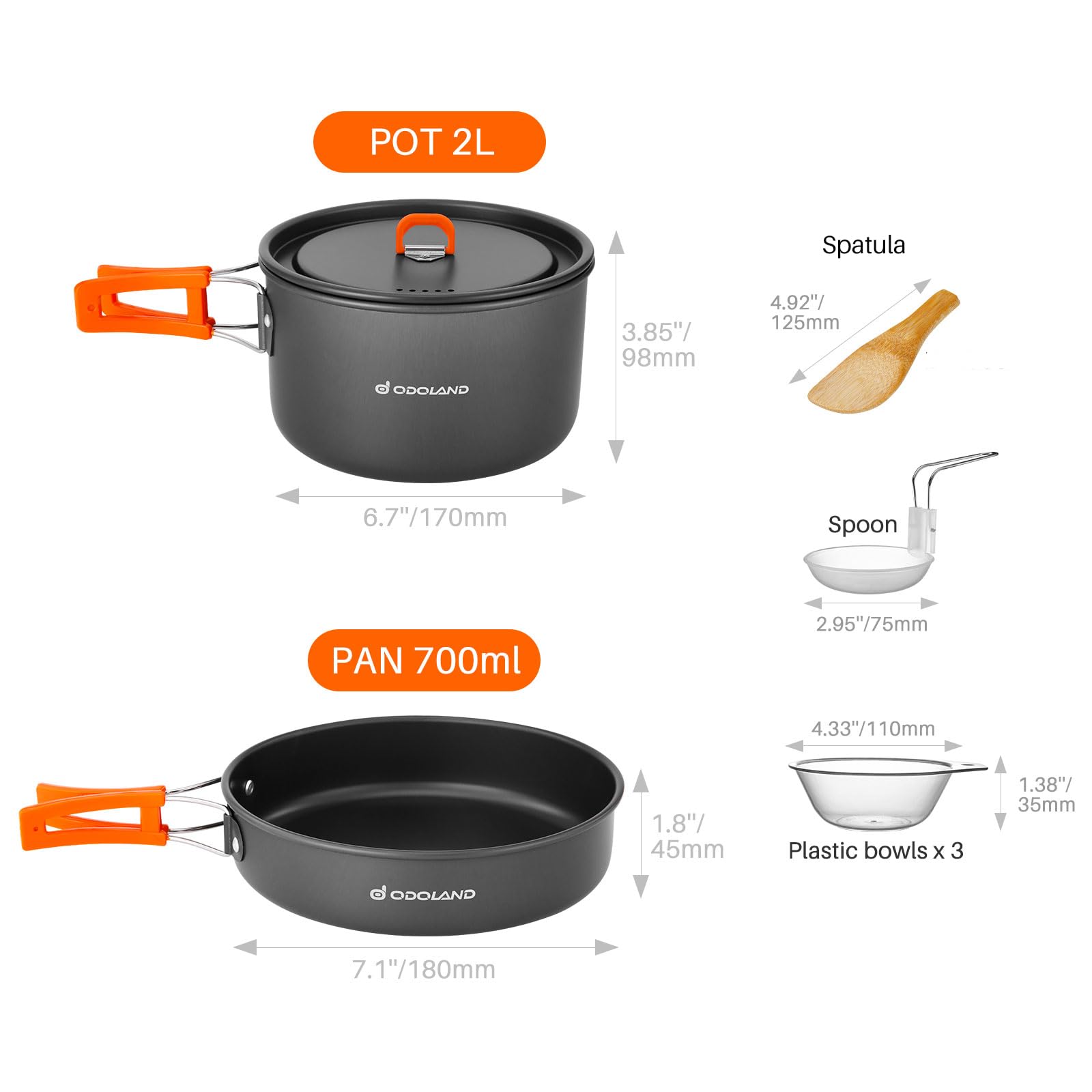 Odoland 9Pcs Camping Cookware Non-Stick Lightweight Camping Pots And Pans Set With Plastic Bowls Soup Spoon For Camping, Backpac