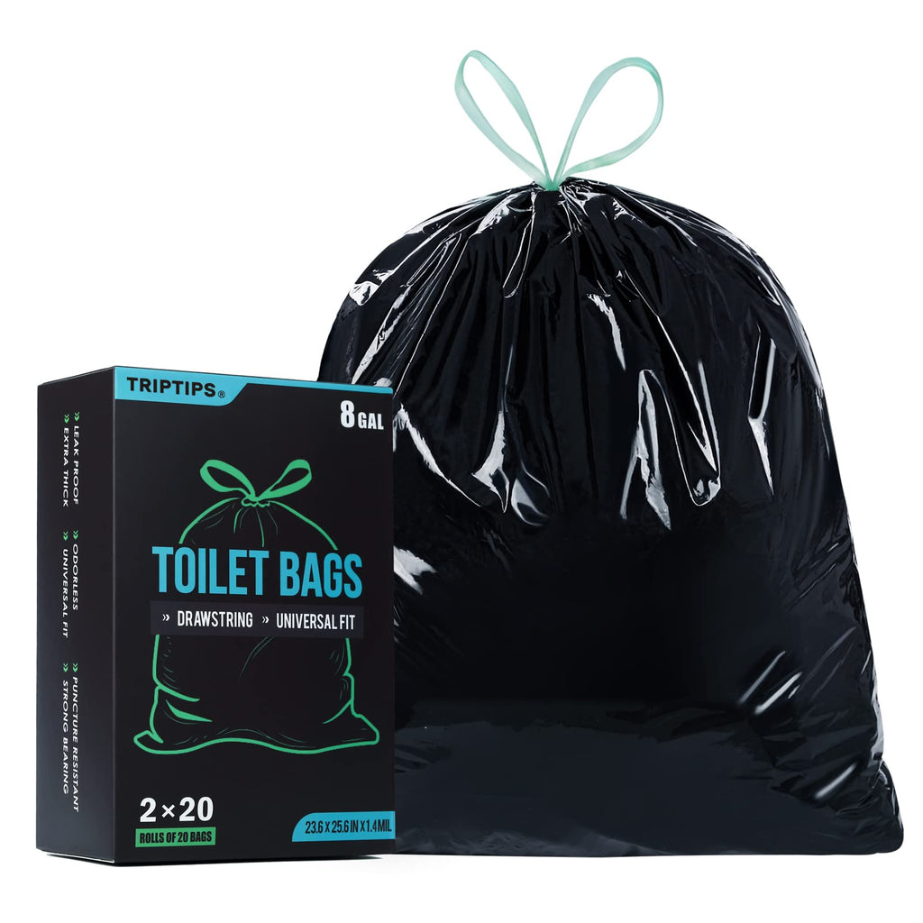 Triptips Portable Toilet Bags 40 Count Drawstring 8 Gallon Camping Toilet Bags Toilet Waste Bags Leak-Proof Toilet Liners, Trash