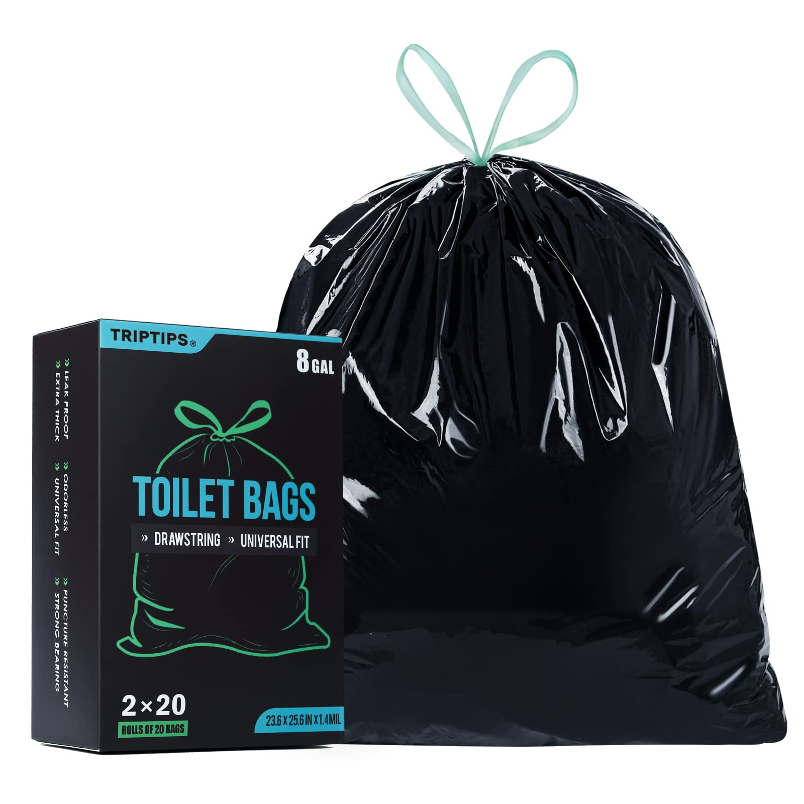 Triptips Portable Toilet Bags 40 Count Drawstring 8 Gallon Camping Toilet Bags Toilet Waste Bags Leak-Proof Toilet Liners, Trash