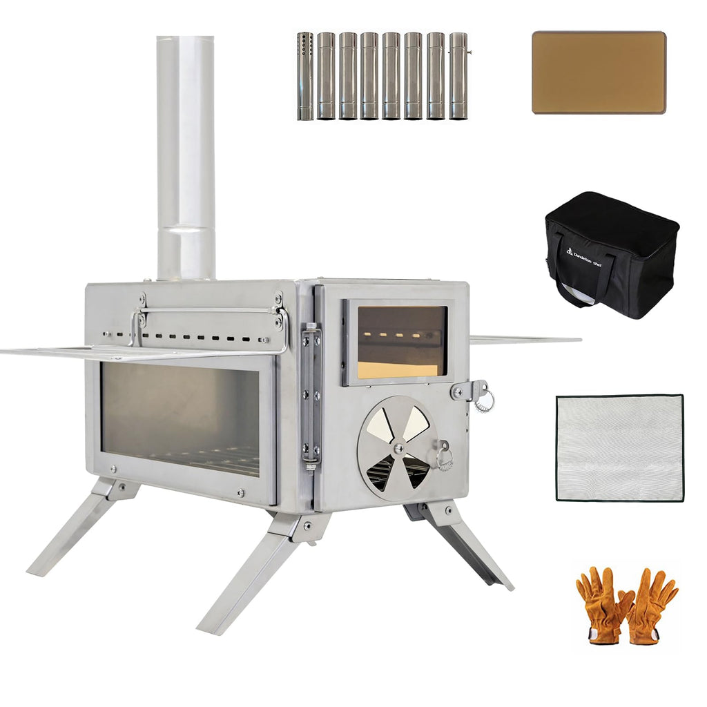 Wood Stove, Camping Wood Stove Include View Glass, Portable Wood Stove With 7 Stainless Steel Insulated Chimneys For Shelter, Hu