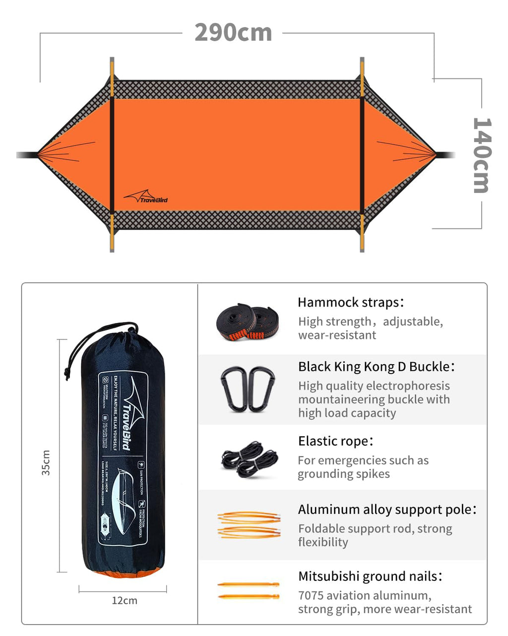 Travel Bird Camping Hammock Tent With Mosquito Net And Sunshade, Extra Large For 2 Person, Lightweight Hanging Hammocks Tree Str