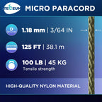 Teceum Micro Paracord - Army Green - 1.18 Mm X 125 Ft - Micro Utility Cord - Thin Braided Paracord Rope Nylon Polyester - Wind C
