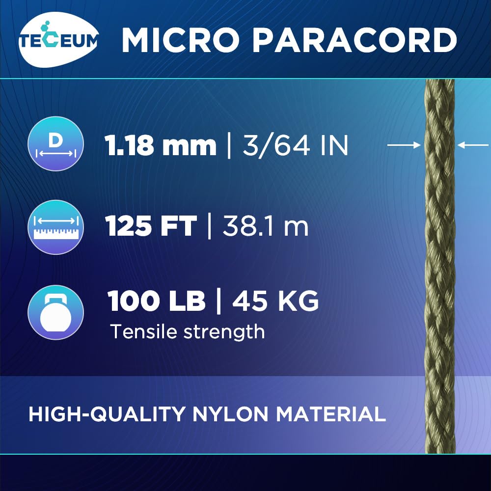 Teceum Micro Paracord - Army Green - 1.18 Mm X 125 Ft - Micro Utility Cord - Thin Braided Paracord Rope Nylon Polyester - Wind C