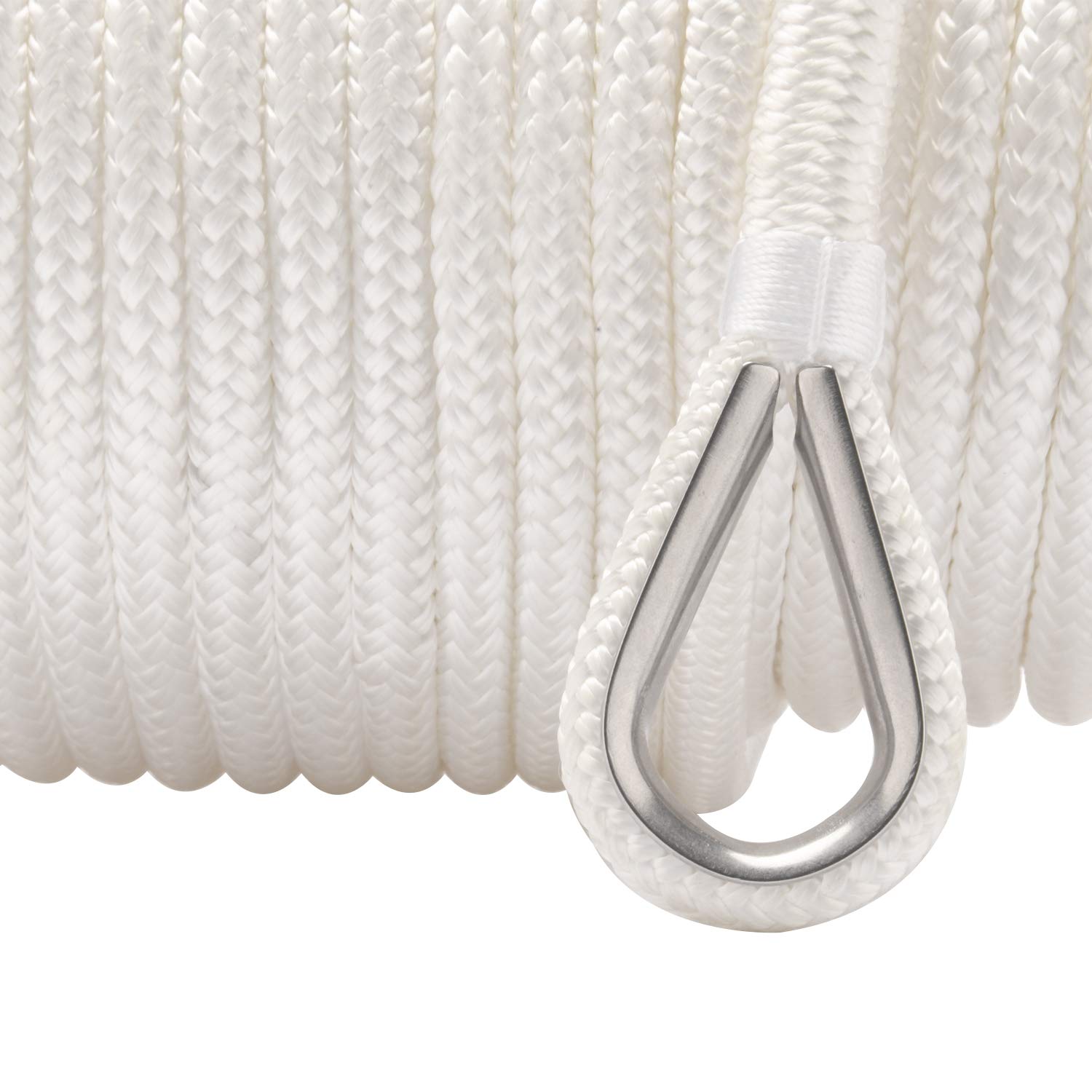 Novelbee 3/8 Inch X 200 Feet Double Braid Nylon Anchor Line With Stainless Steel Thimble And Plastic Chuck (White)