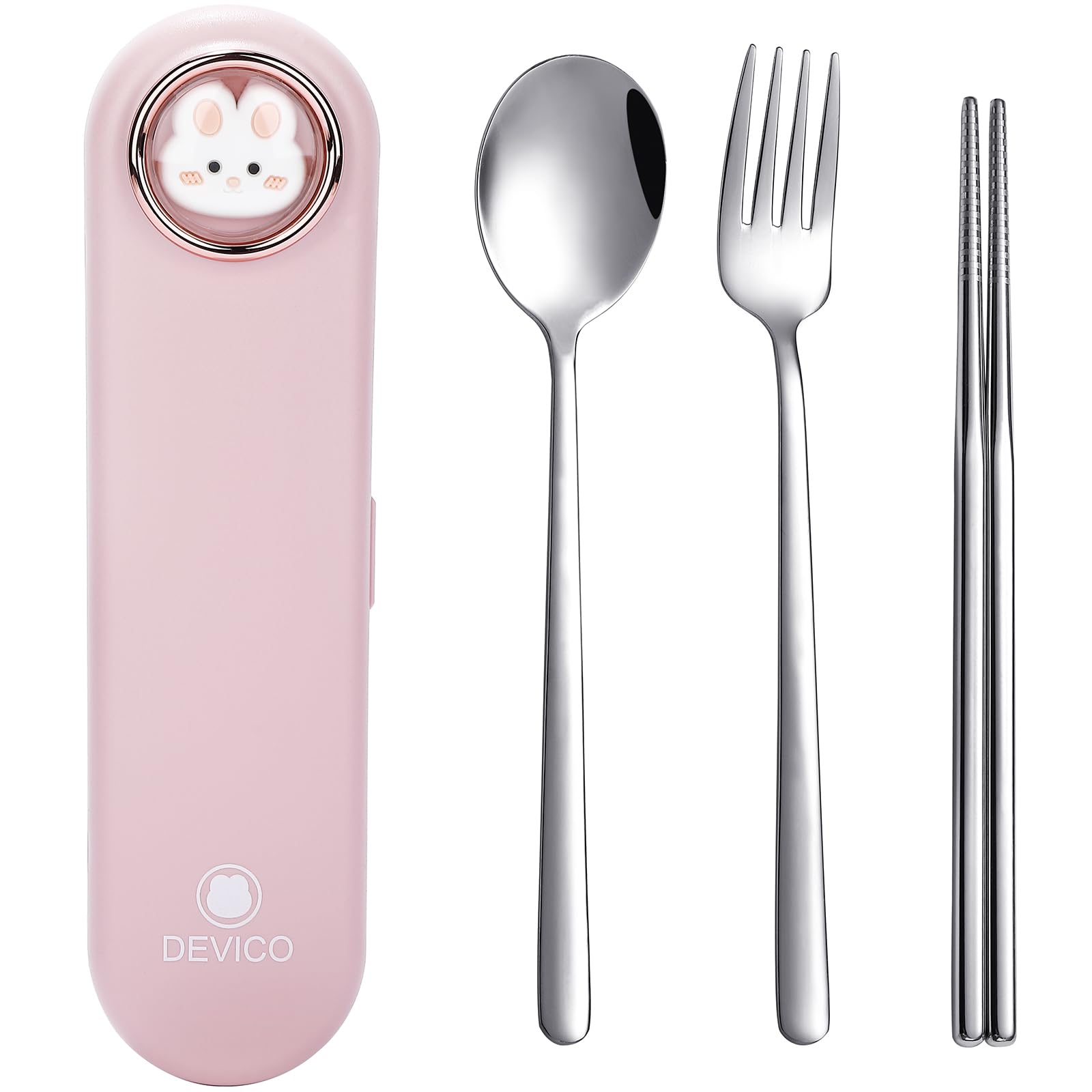 DEVICO Travel Utensils with Case Cute, Reusable Silverware for Lunch, Portable Cutlery Set, 18/8 Stainless Steel Fork Spoon Chop