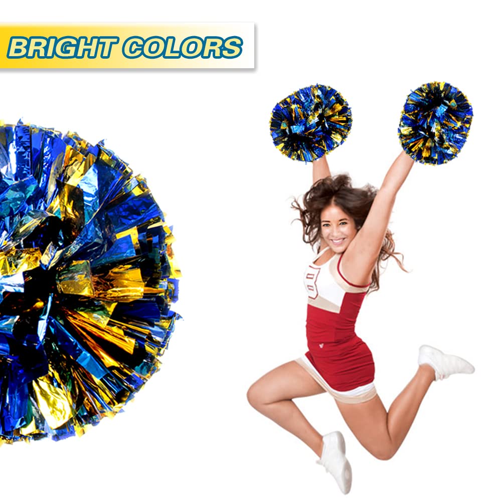 Lovecheer 2Pcs Pom Poms Cheerleading Blue And Gold Metallic Cheer Pom Poms With Baton Handle For Sports Team Spirit Party Cheeri
