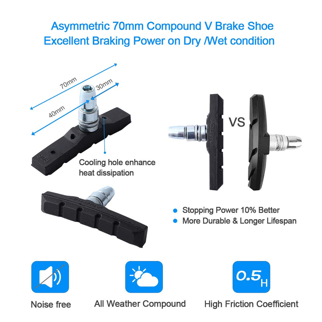 Rujoi 4 Pairs Bike Brake Pads Set, 70Mm V Brake Shoes With Hex Nuts And Washers, Replacement Set For Cruiser Mtb Mountain Bicycl