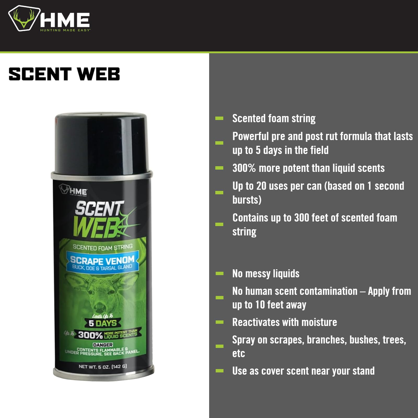 Hme Scrape Venom Scent Web, 5Oz | Long-Lasting Effective Powerful Pre/Post Rut Scented String Foam Attractant For Hunting, Arche