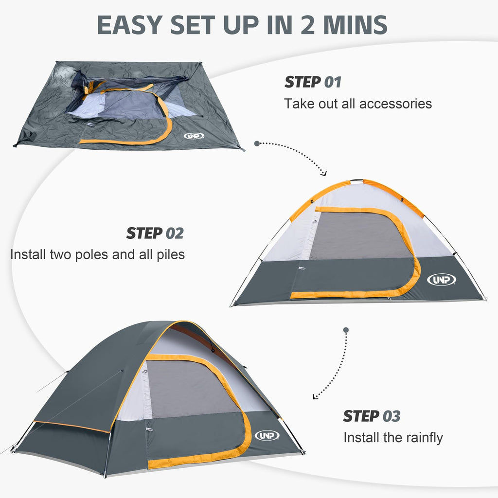 Camping Tent 4 Person, Waterproof Windproof Tent With Rainfly Easy Set Up-Portable Dome Tents For Camping (Gray)