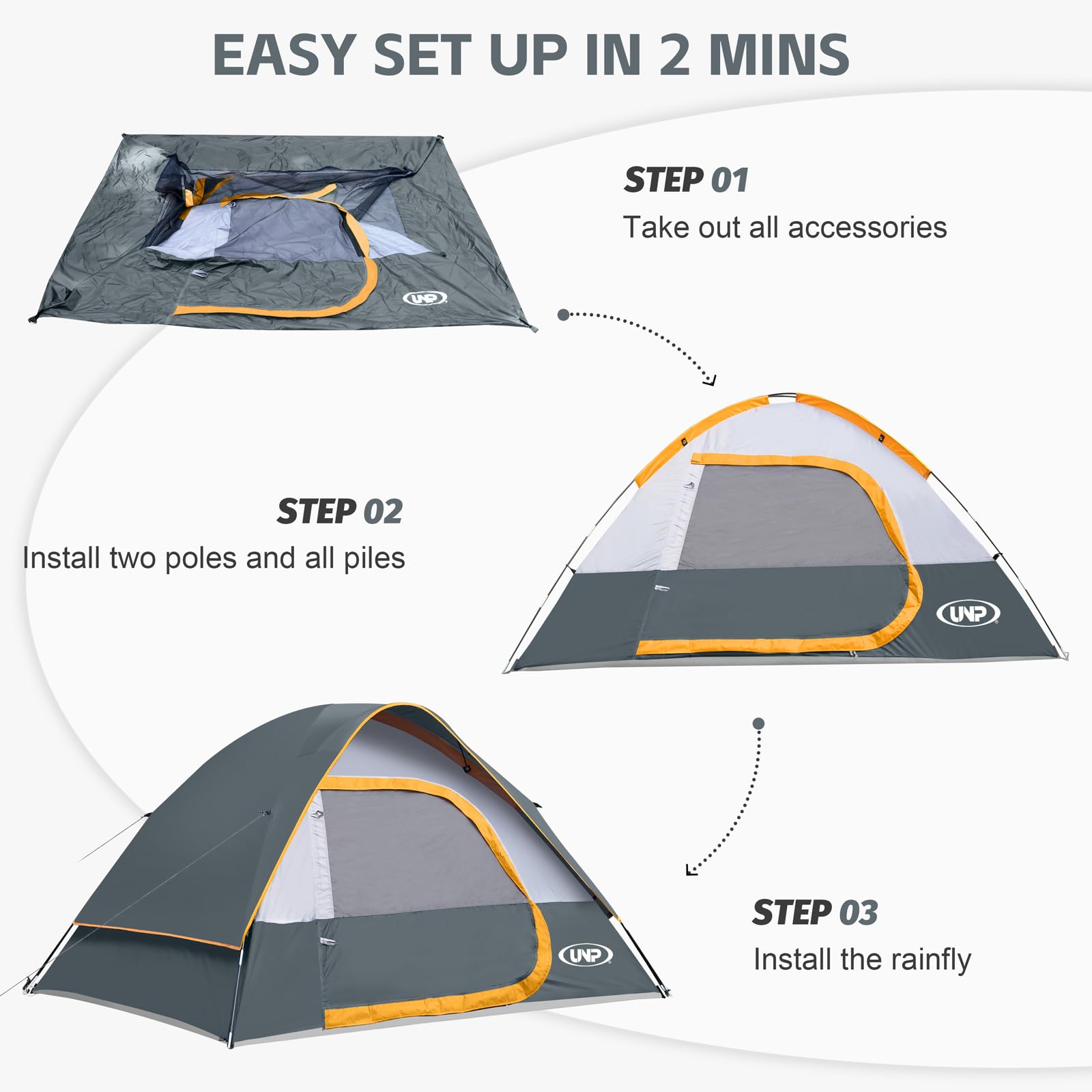 Camping Tent 4 Person, Waterproof Windproof Tent With Rainfly Easy Set Up-Portable Dome Tents For Camping (Gray)