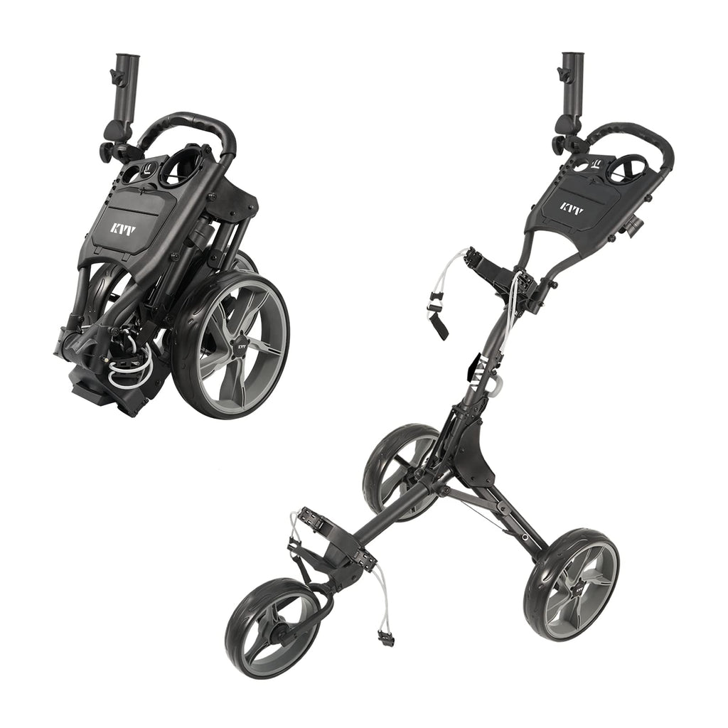 Kvv 3 Wheel Foldable/Collapsible Golf Push Cart Ultra Lightweight Smallest Folding Size, New-Version Scorecard Holder Umbrella H