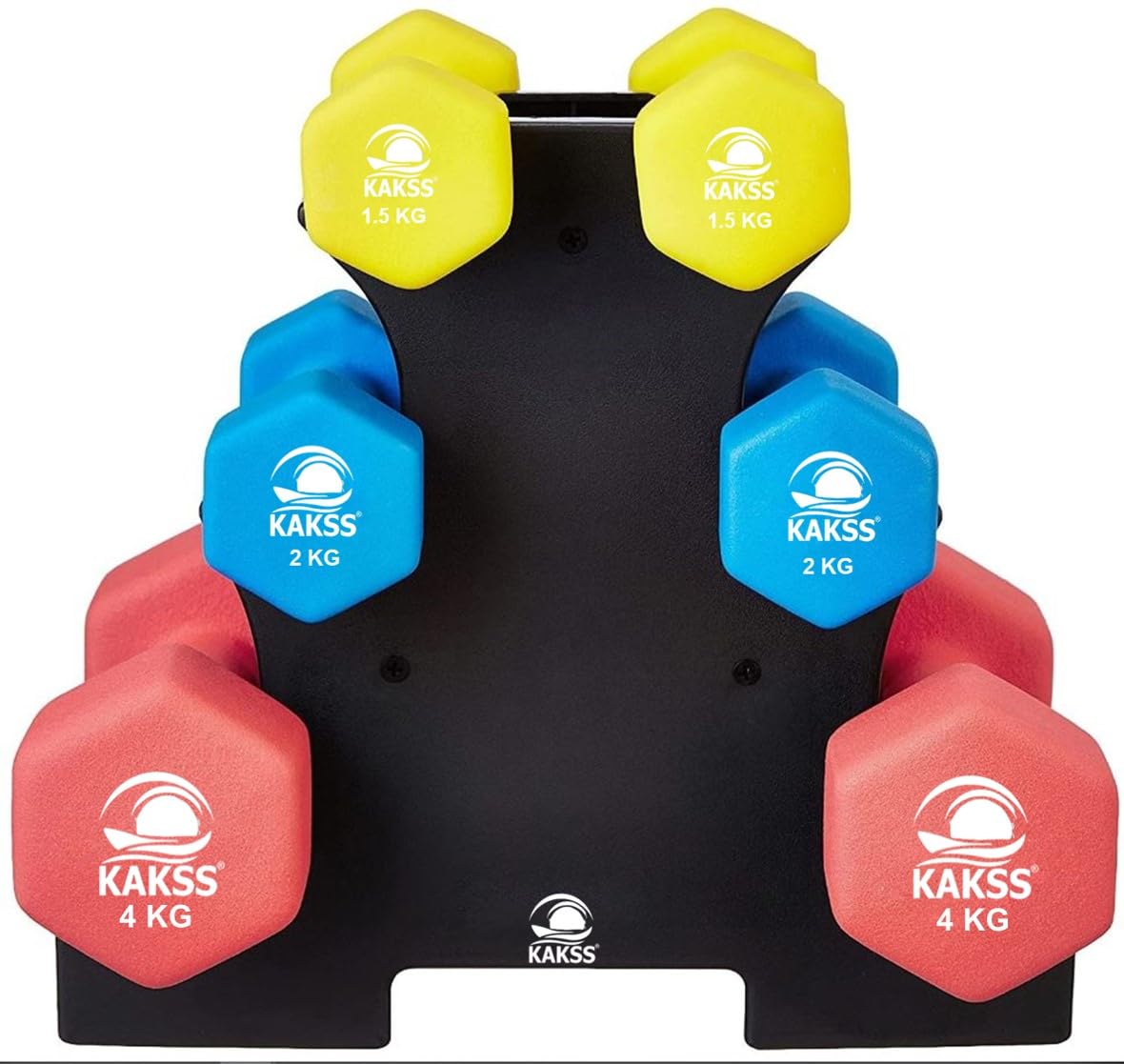 Kakss Neoprene Dumbbell With Stand (Multicolor) 15 Kg (1.5Kg + 2Kg + 4Kg Set)