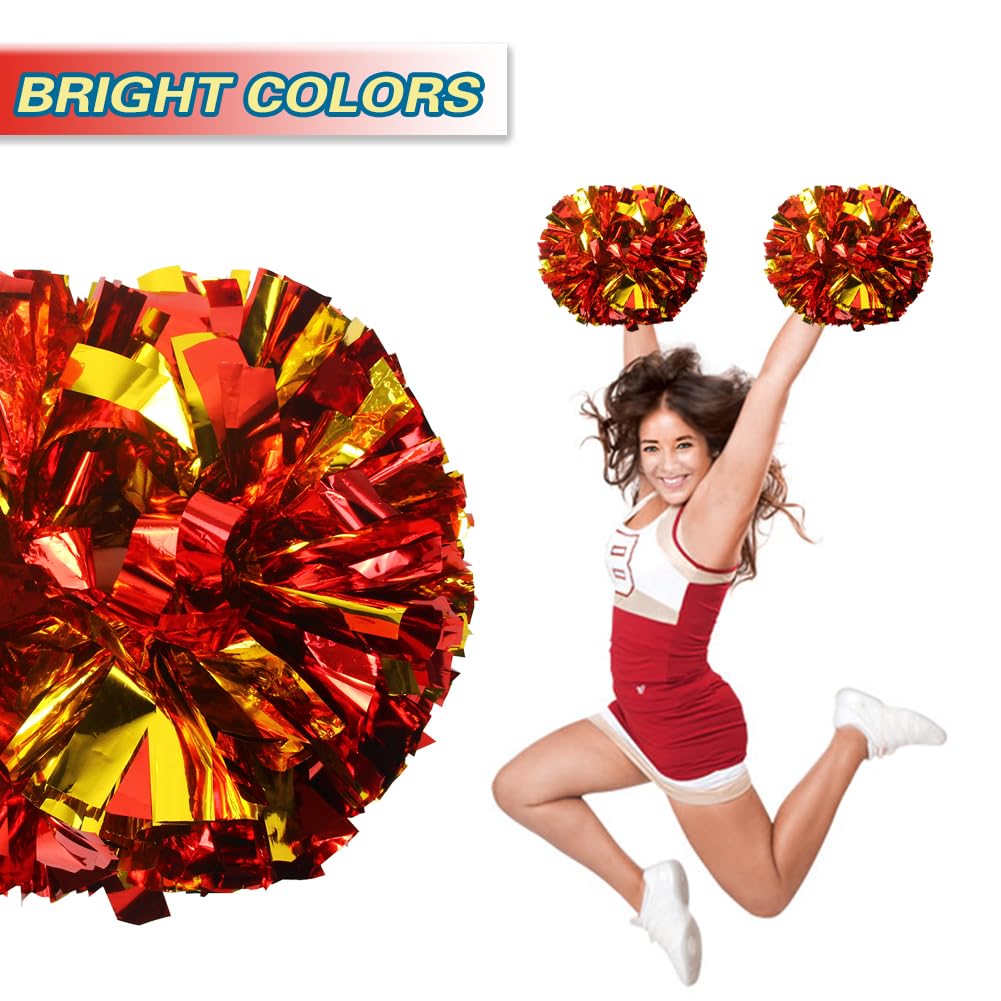 Lovecheer 2Pcs Red And Gold Metallic Pom Poms Cheerleading Cheer Pom Poms With Handle For Dance Party Sports Spirits