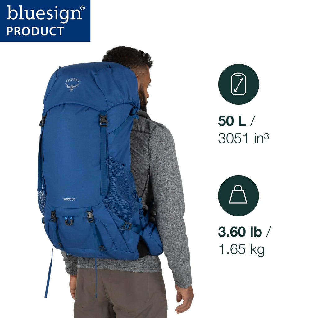 Osprey Rook 50L Mens Backpacking Backpack, Astology Blue/Blue Flame