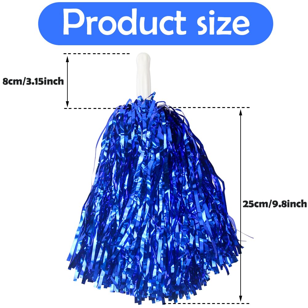 Hooshing 12Pcs Cheerleading Pom Poms Metallic Foil Royal Blue With Plastic Handles For Team Sports Dance Party