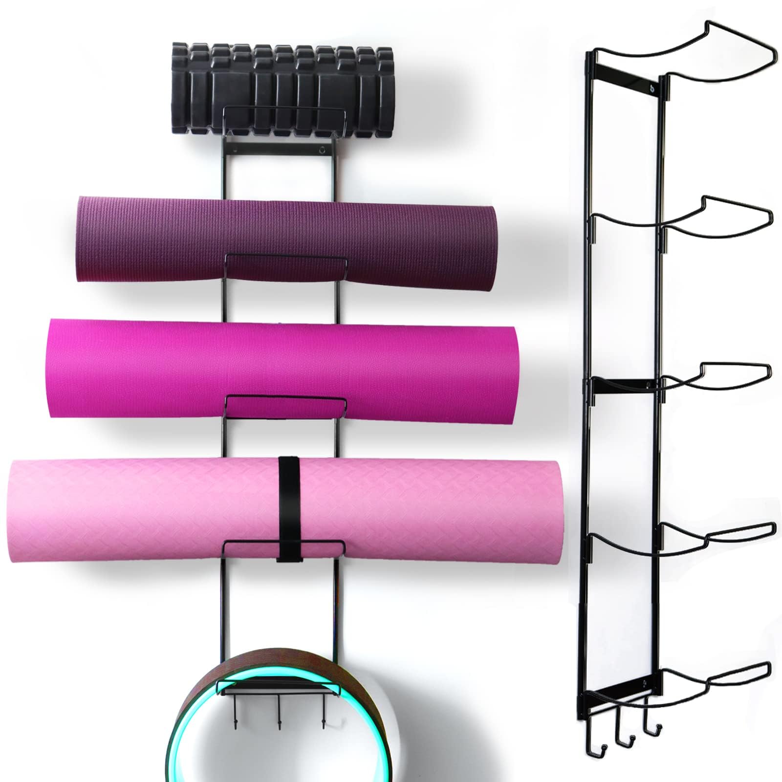 MRZZATA 5-Tiers Yoga Mat Holder Wall Mount, Metal Storage Rack for Mats/Wheels, Foam Roller and Block, Wall Rack with 3-Hooks fo
