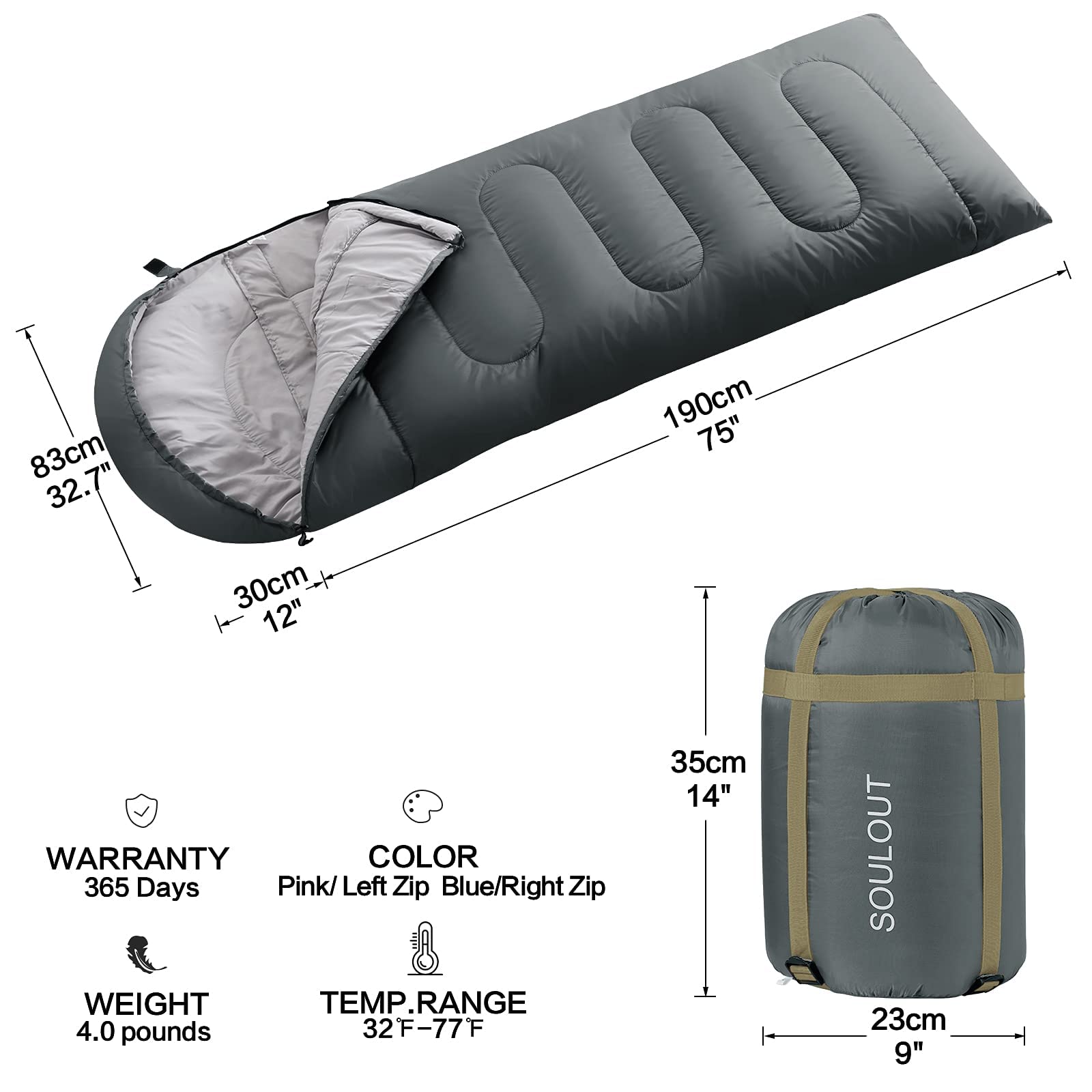 3-4 Season Sleeping Bag For Adults & Kids, Lightweight Warm Cold Weather Camping Bag With Waterproof Compression Sack - Portable