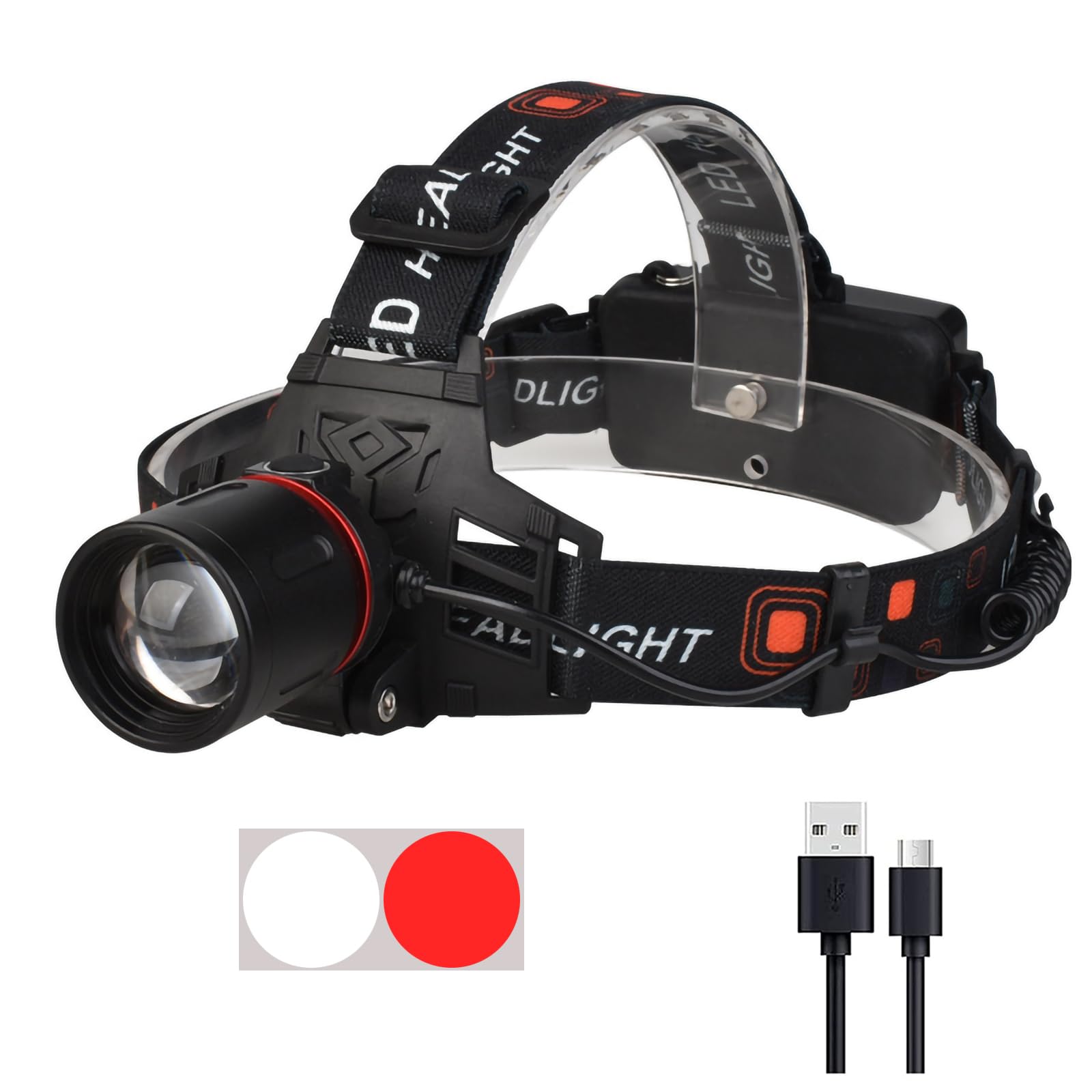 WINDFIRE Rechargeable Headlamp White Red LED Hunting Headlamps Super Bright 4 Modes 90 Adjustable Zoomable Head Lamp for Running