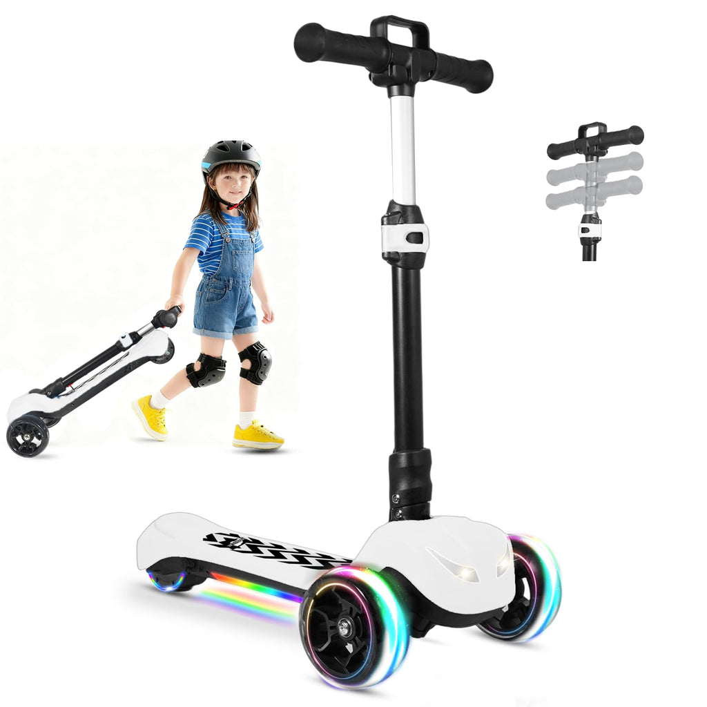 Electric Scooter for Kids Ages 3-12, 3-Wheel Foldable Scooter with Full Body Lights, Wide Deck,3 Adjustable Heights, 5MPH Safe S