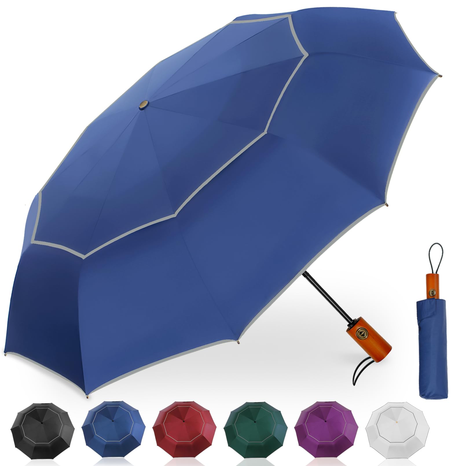 Satol Large Compact Golf Umbrella for Rain, 46Inch Windproof 10 Ribs Double Canopy Vented Automatic Open/Close Travel Umbrella w