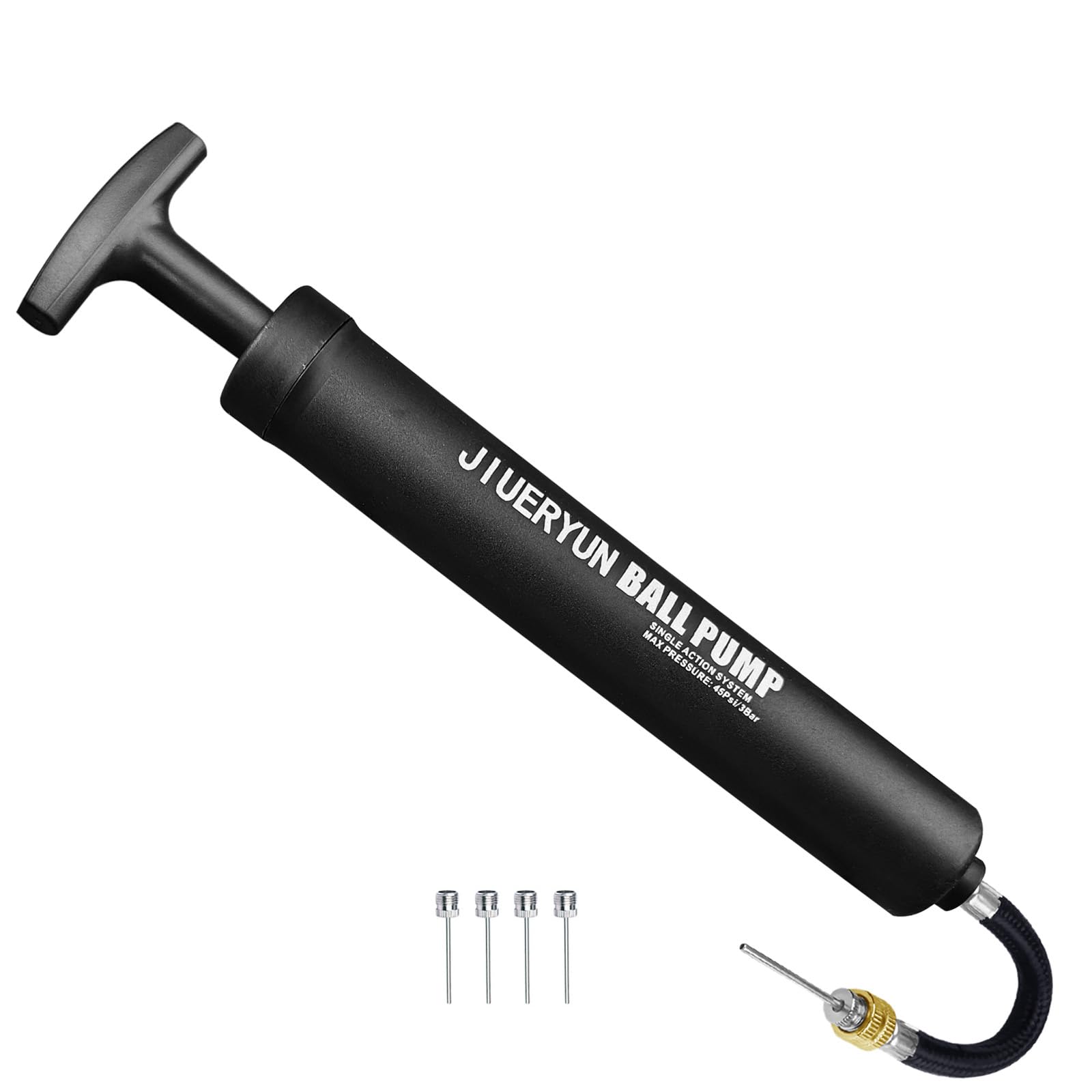 Ball Pump with Needle Storage in Handle - 5 Metal Needles, Flexible Hose - for Soccer, Basketball, Volleyball, Handball - Black