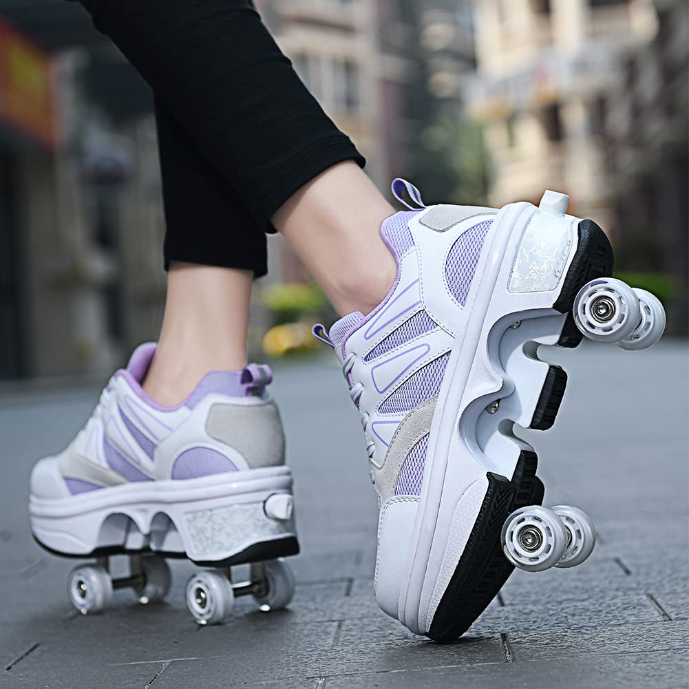 Kofuboke Led Women Deformation Roller Skate Shoes,Double-Row Walking Shoes With Invisible Wheels (Purple, 5.5)
