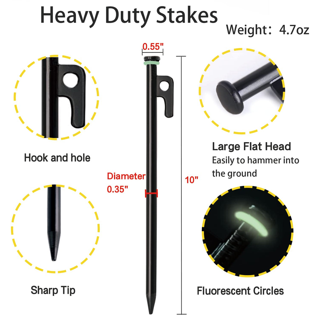 Tent Stakes, 12Pcs 10In Heavy Duty Forged Steel Tent Stakes +Storage Pouch, Metal Tent Stakes, Metal Stakes For Tent Used On Roc
