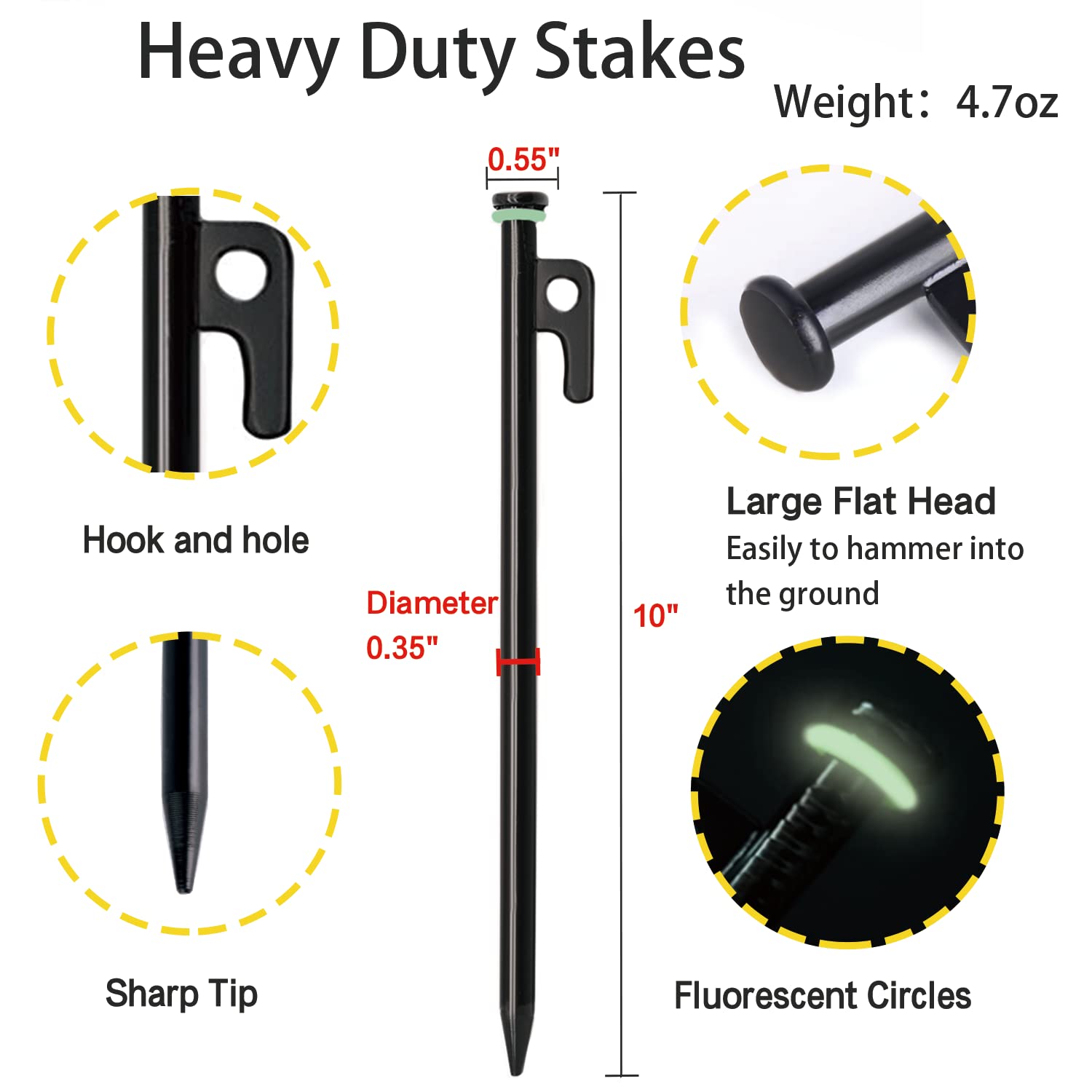Tent Stakes, 12Pcs 10In Heavy Duty Forged Steel Tent Stakes +Storage Pouch, Metal Tent Stakes, Metal Stakes For Tent Used On Roc