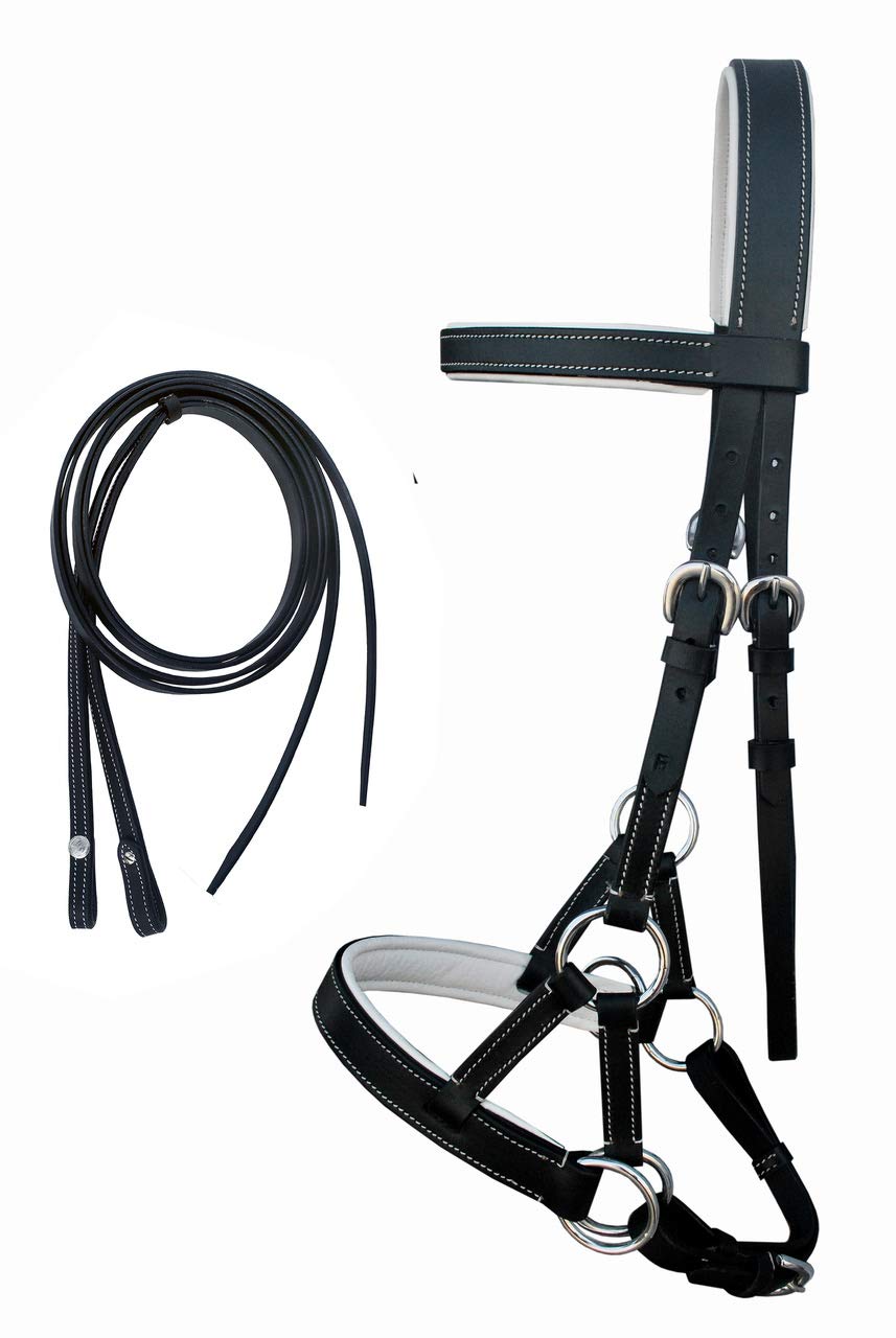 Challenger Horse Western Leather Training Tack Bitless Sidepull Bridle W/Reins 7711Wh-F