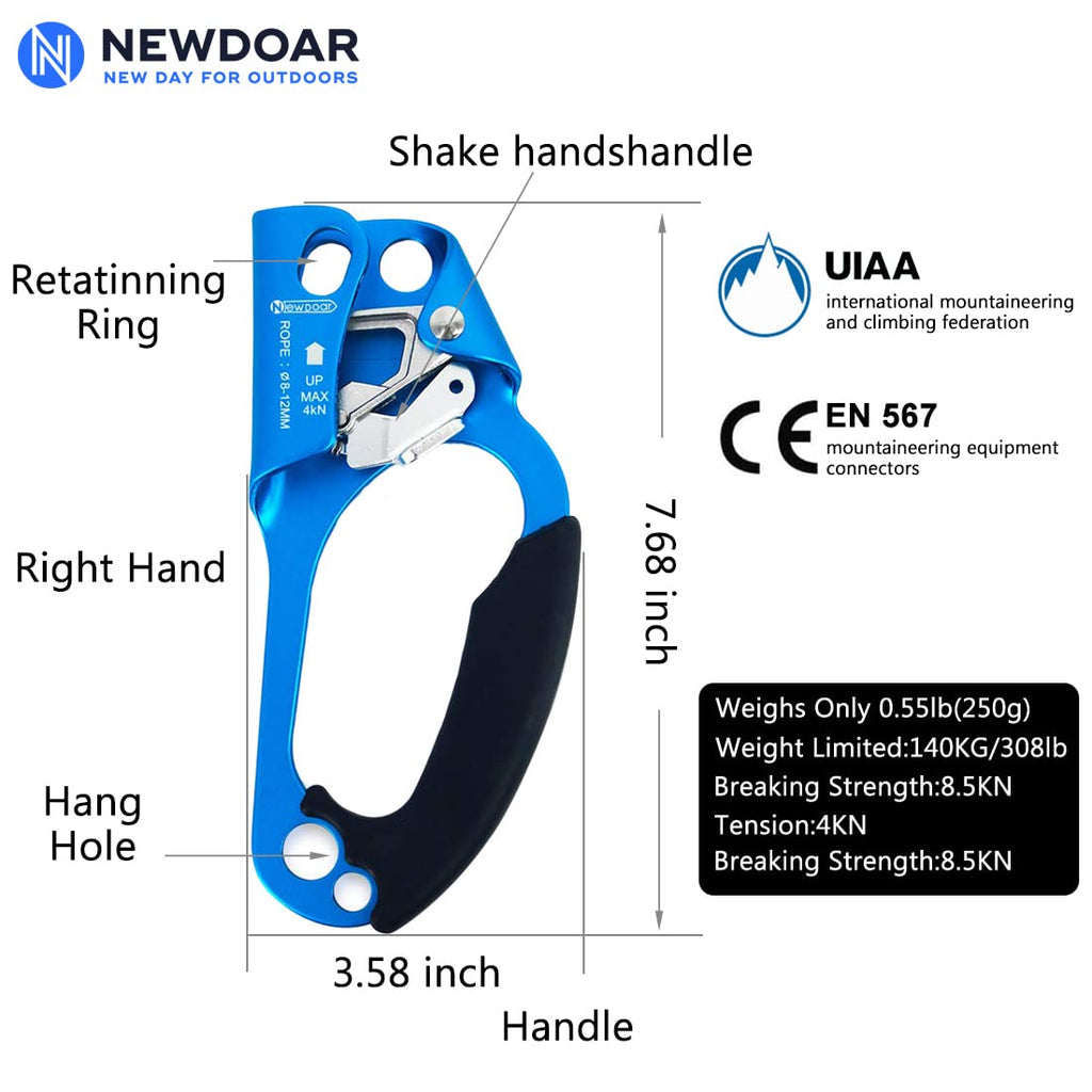 Newdoar Hand Ascender & Foot Ascender & Foot Loop Set For Tree Arborist Rappelling Gear Equipment Ce Certified Rope Clamp For 8~
