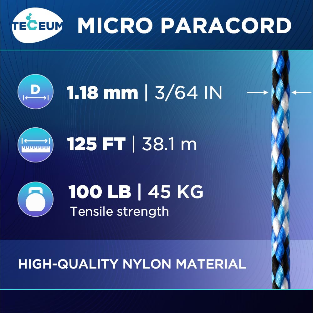 Teceum Micro Paracord - Blue Snake - 1.18 Mm X 125 Ft - Micro Utility Cord - Thin Braided Paracord Rope Nylon Polyester - Wind C
