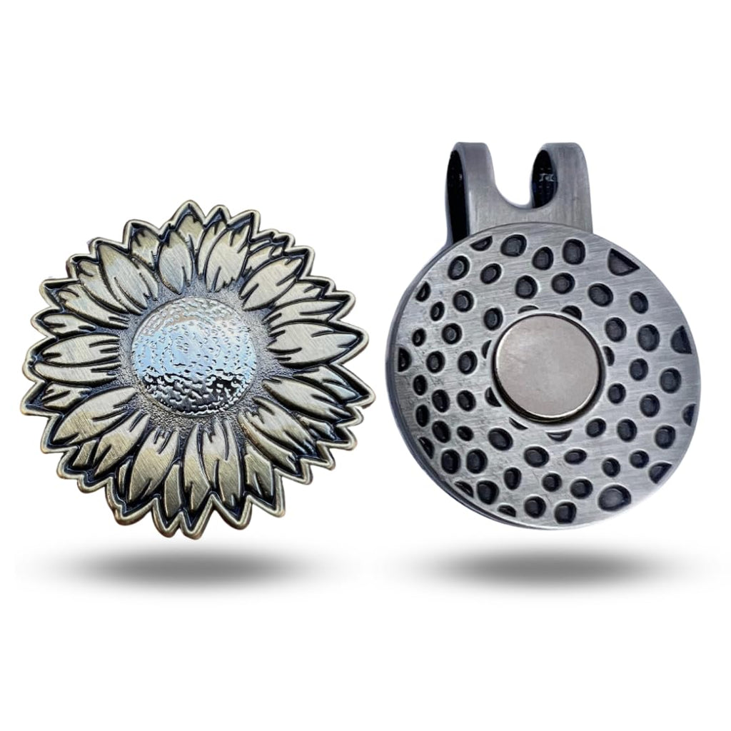 Full Metal Markers Sunflower Unique Magnetic Metal Golf Ball Marker Accessory With Hat Clip For Men And Women (1 Ball Marker + 1