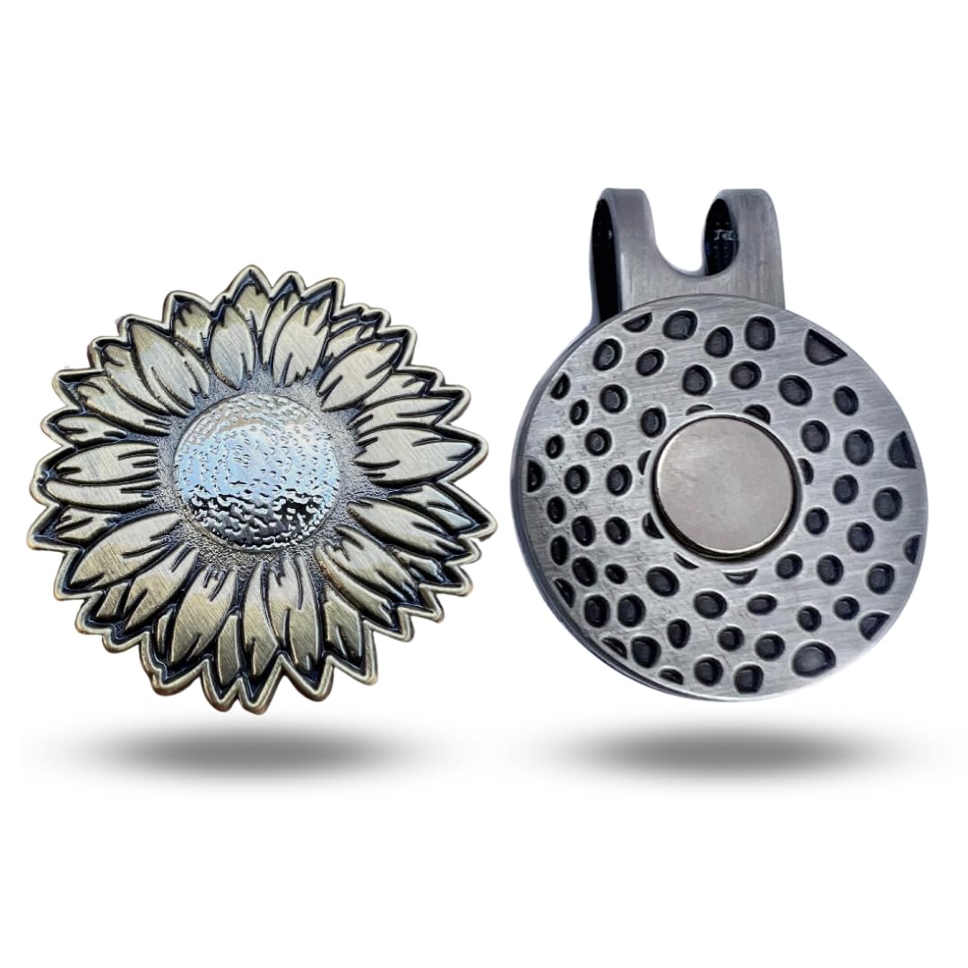 Full Metal Markers Sunflower Unique Magnetic Metal Golf Ball Marker Accessory With Hat Clip For Men And Women (1 Ball Marker + 1