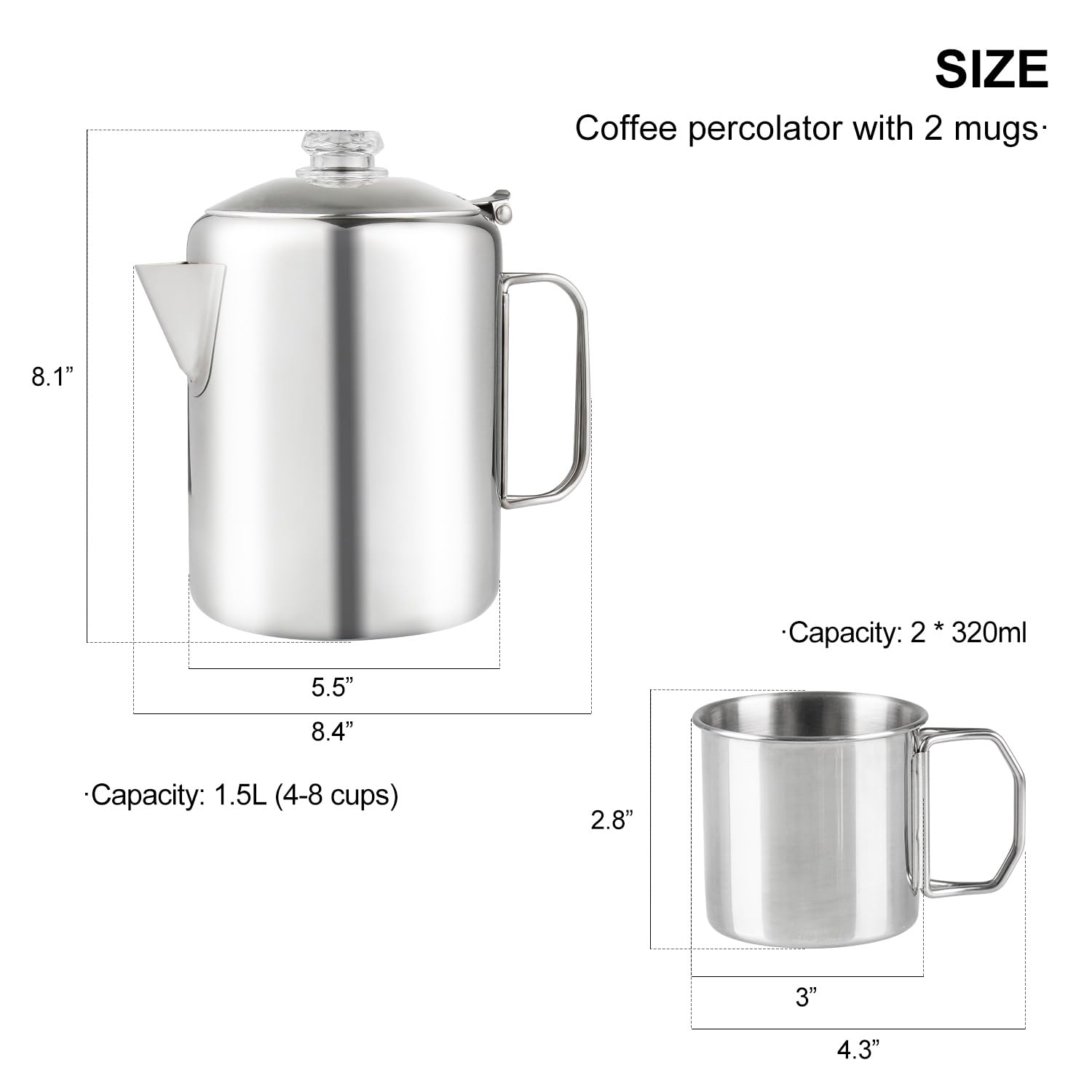 Apoxcon Coffee Percolator Bundle With 2 Mugs Stainless Steel Coffee Maker With Heat Resistant Tough Glass Knob & Foldable Handle