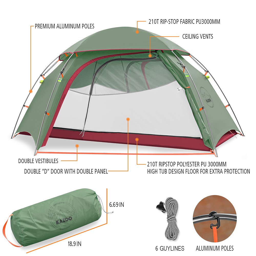 Kazoo Lightweight Backpacking Tent 2 Person Waterproof Camping Tents 2 People Hiking Tents Two Person Aluminum Poles Double Laye