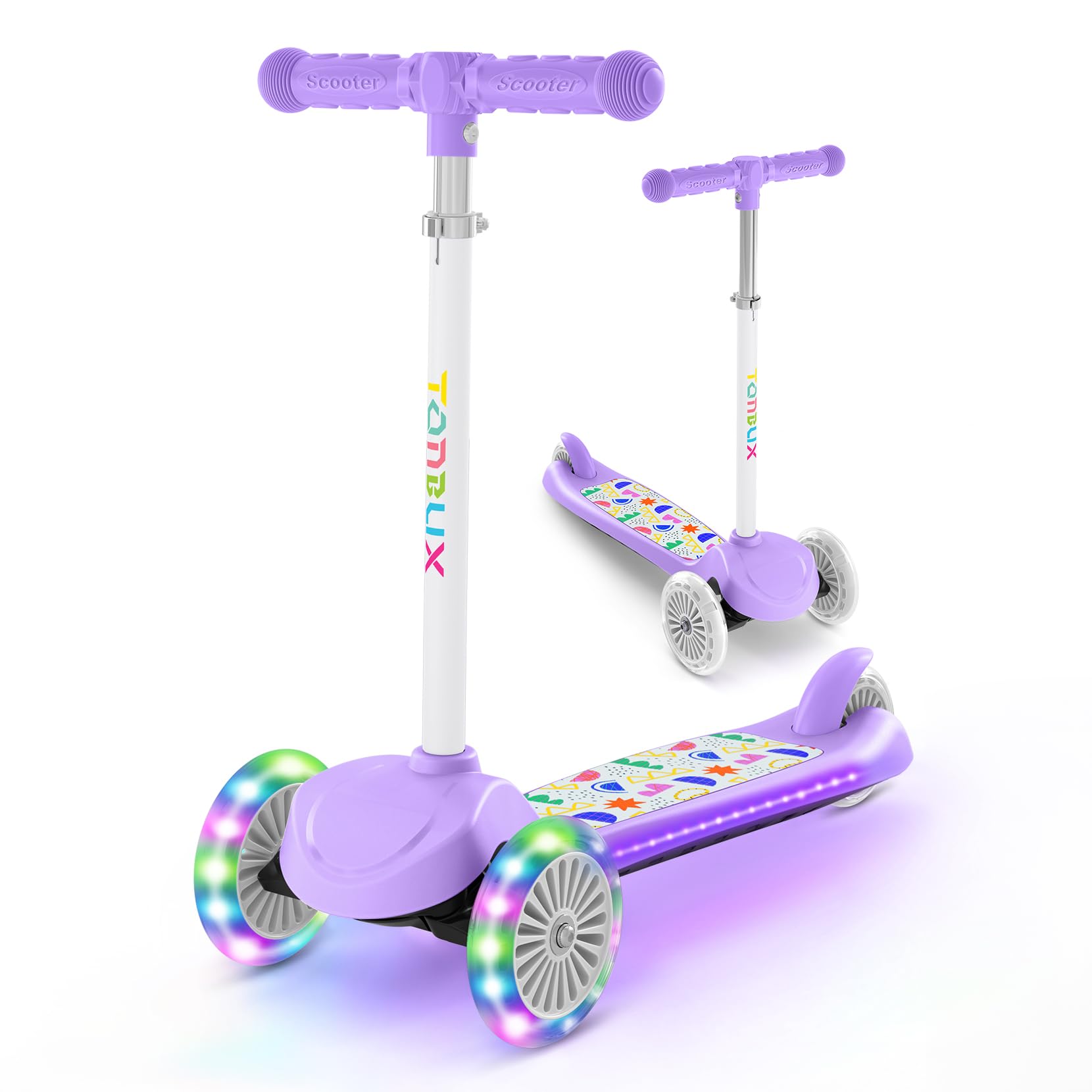TONBUX Kids Scooter for Ages 3-8, Toddler Scooter with Light-Up Deck and Wheels, Adjustable 4-Level Height 3-Wheel Scooters for 