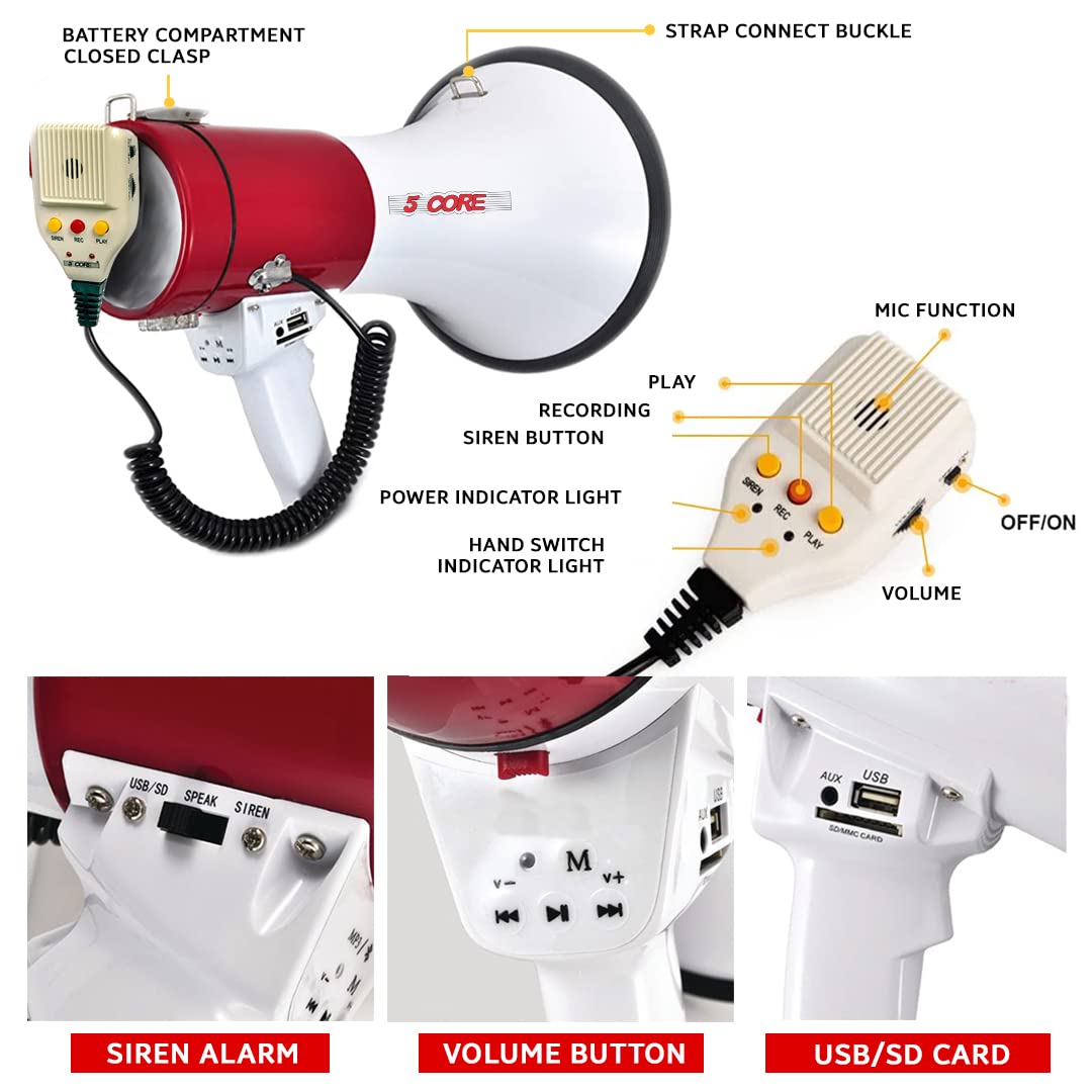 5 Core Megaphone Bull Horn 50W Rechargeable Loud Siren Noise Maker Professional Bullhorn Speaker Pa System W Recording Usb For C