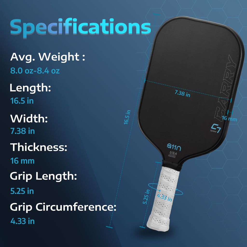 A11N Carry C7 16Mm Pickleball Paddle With Paddle Cover, Raw Carbon Fiber Surface With High Grit & Spin, Minimalistic Style Pickl