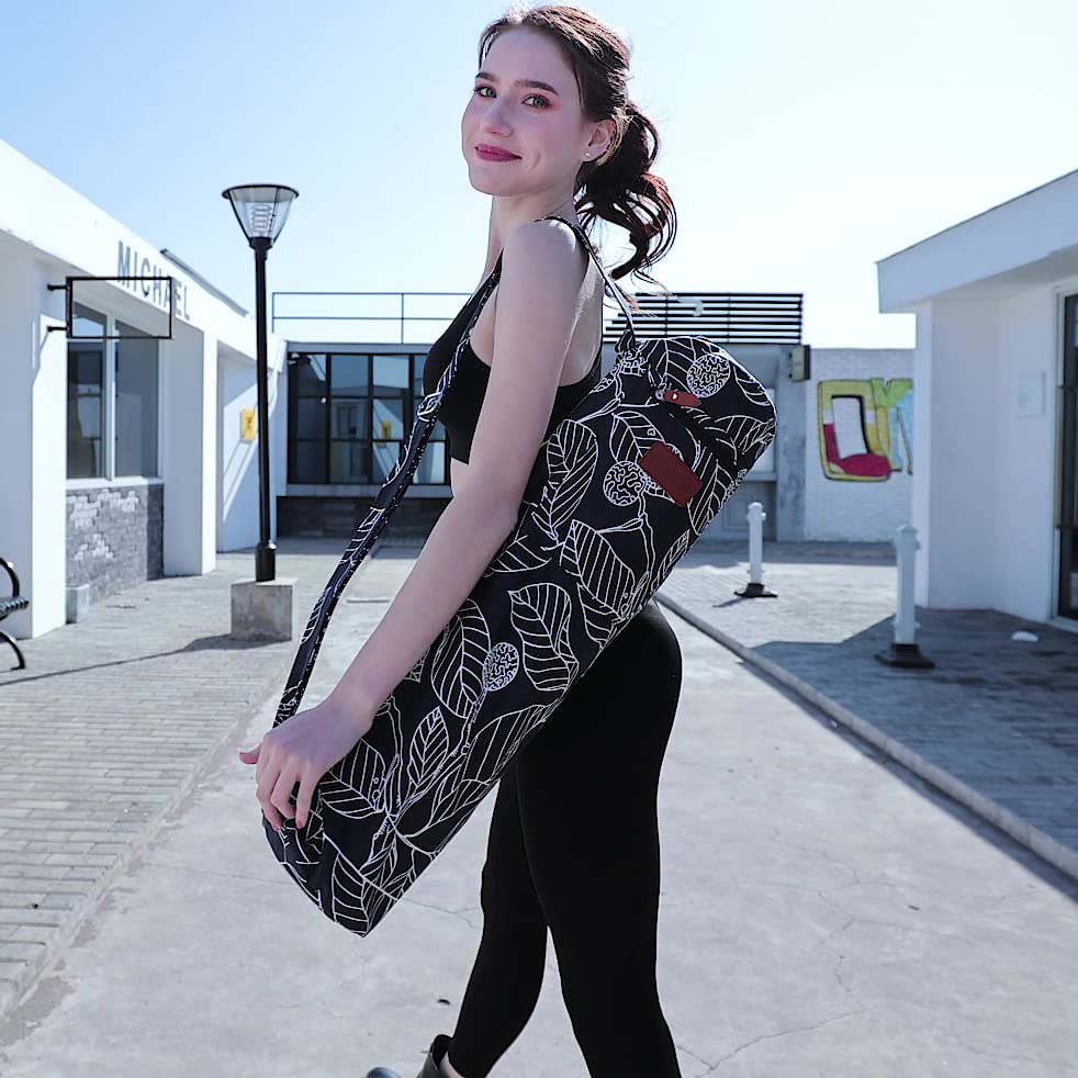 Elenture Full-Zip Exercise Yoga Mat Carry Bag With Multi-Functional Storage Pockets, Black Leaf