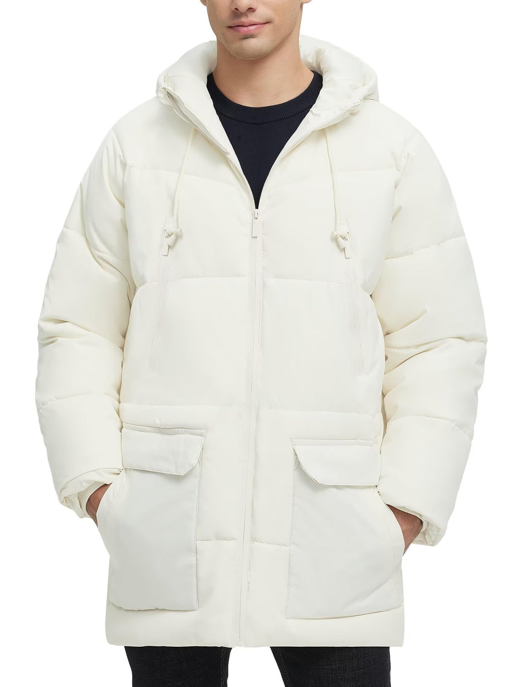 Rejork Men s Long Winter Coat Hooded Warm Quilted Jacket Water-resistant Cold Weather Parka Biege XL