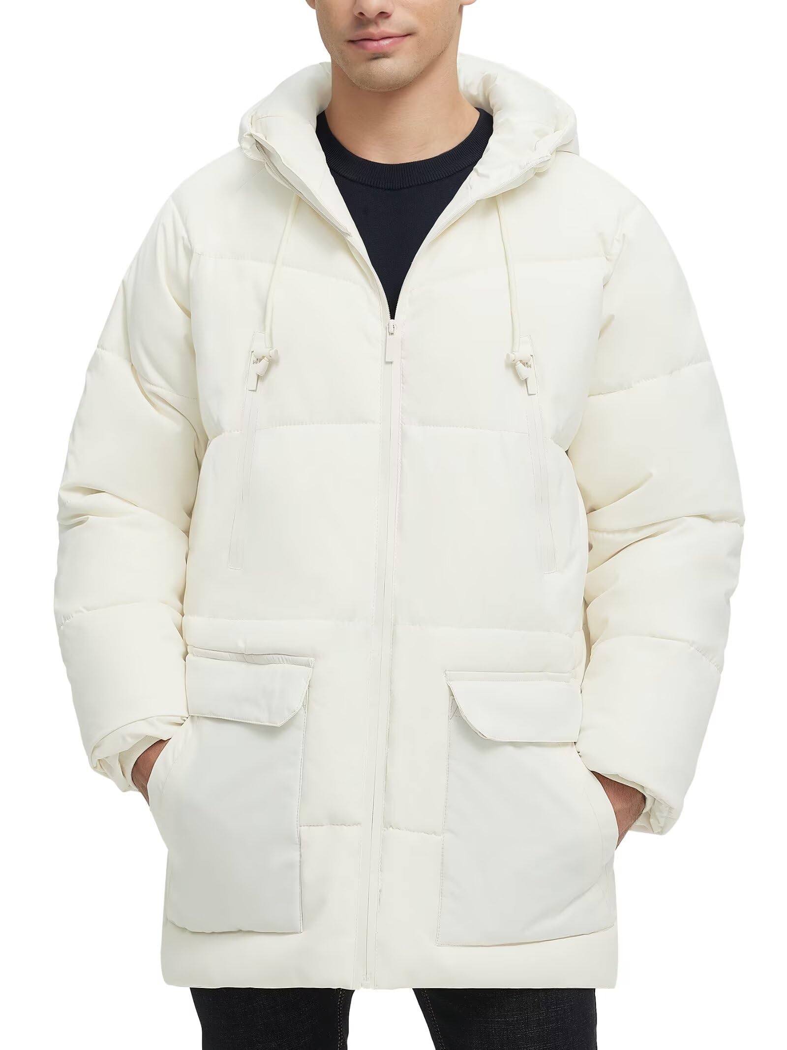 Rejork Men s Long Winter Coat Hooded Warm Quilted Jacket Water-resistant Cold Weather Parka Biege XL