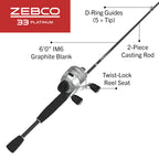 Zebco 33 Platinum Spincast Reel And Fishing Rod Combo, 6-Foot 2-Piece Im6 Graphite Rod With Comfortable Eva Handle, Instant Anti
