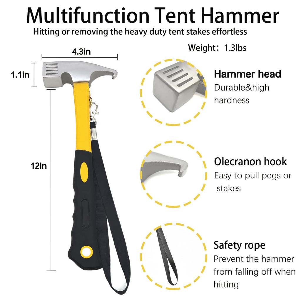 Tent Stake With Hammer, 12-Pack 12In Heavy Duty Tent Stakes + 10In Tent Stakes Hammer+Storage Pouch, Forged Steel Tent Stakes Fo